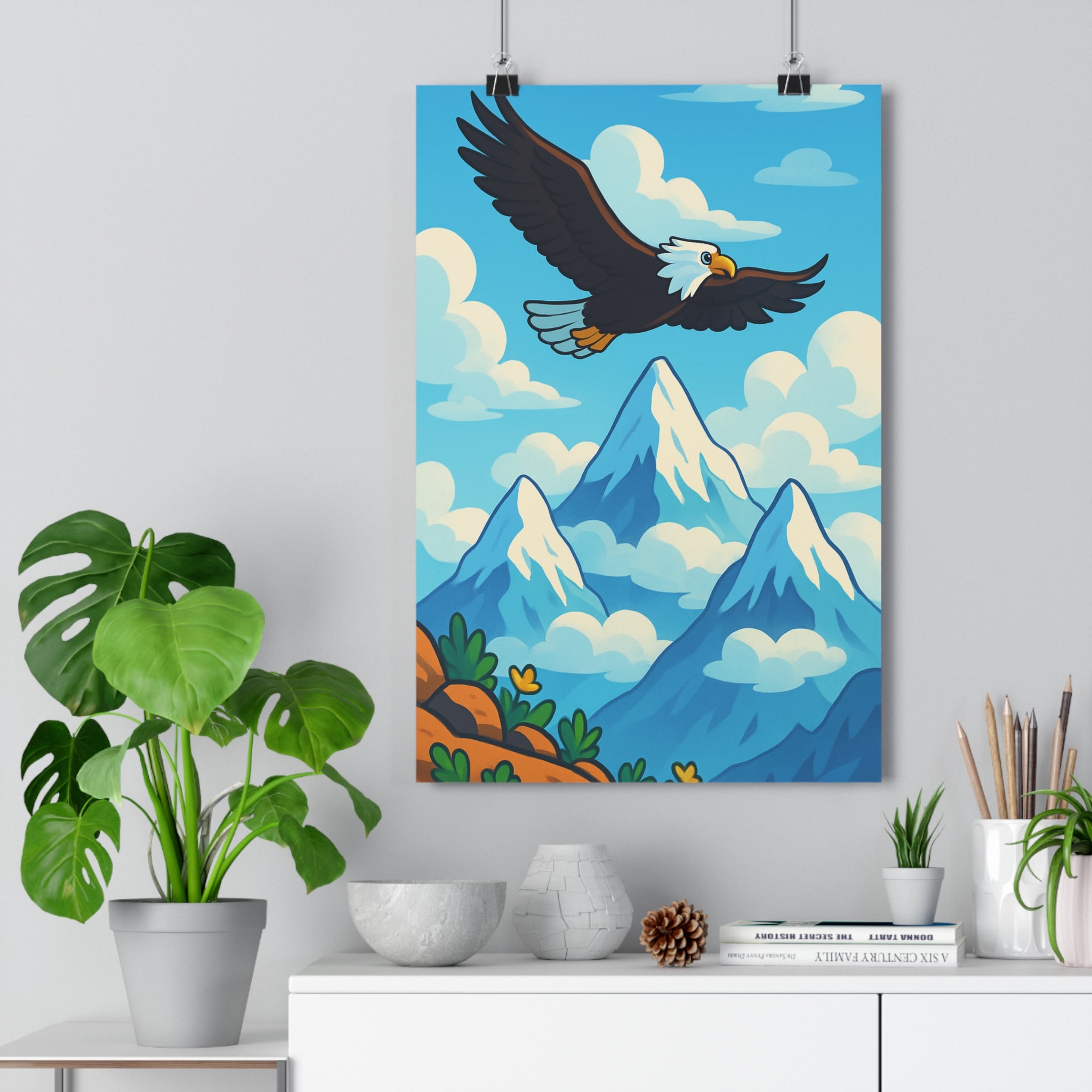 Poster décoratif anime aigle majestueux montagnes enneigées ciel bleu nuages blancs ambiance aventure 30x46