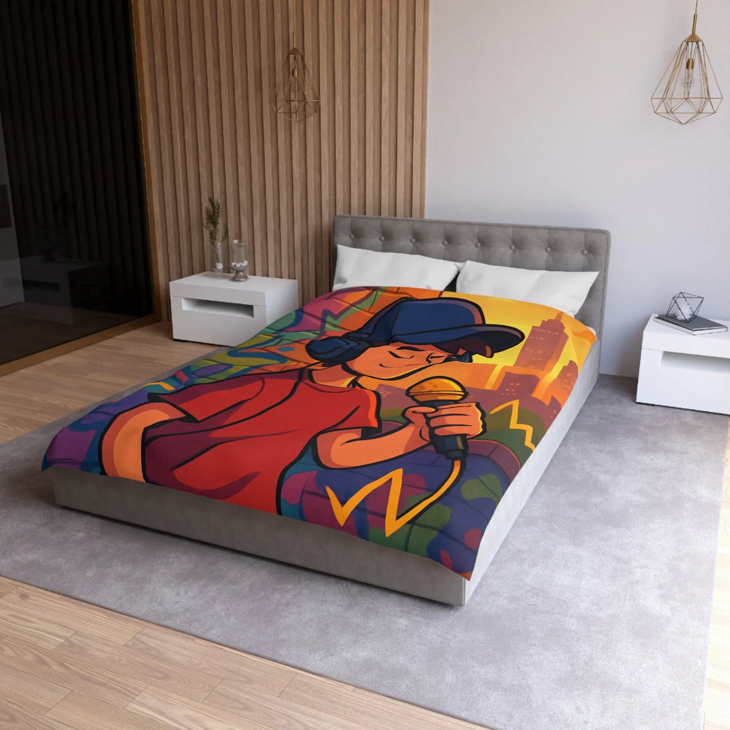 Housse de couette graphique urbaine avec chanteur et microphone sur fond coloré