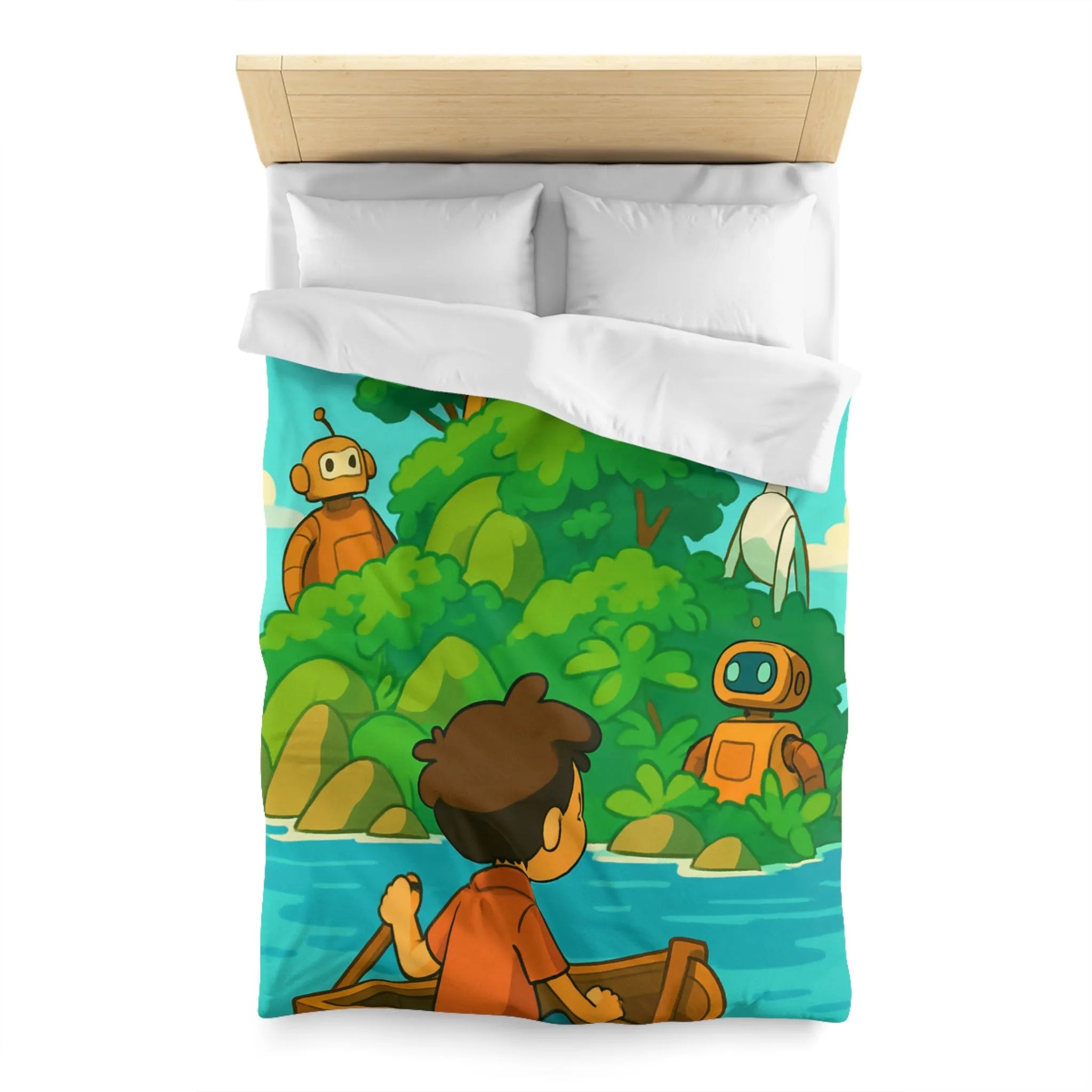 Housse de couette avec robots ludiques et enfant en bateau sur lac serein