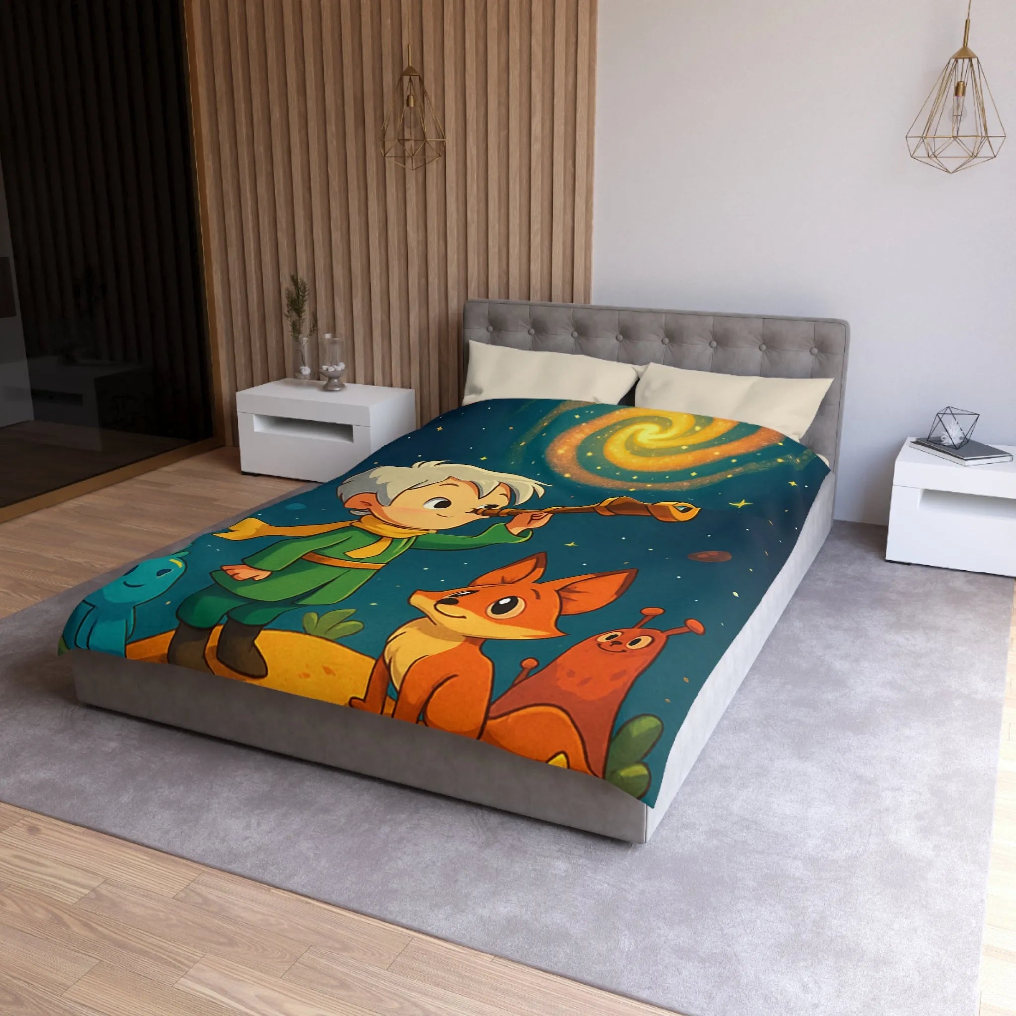 Housse de couette enfant rêveur observant les étoiles avec télescope et animaux adorables