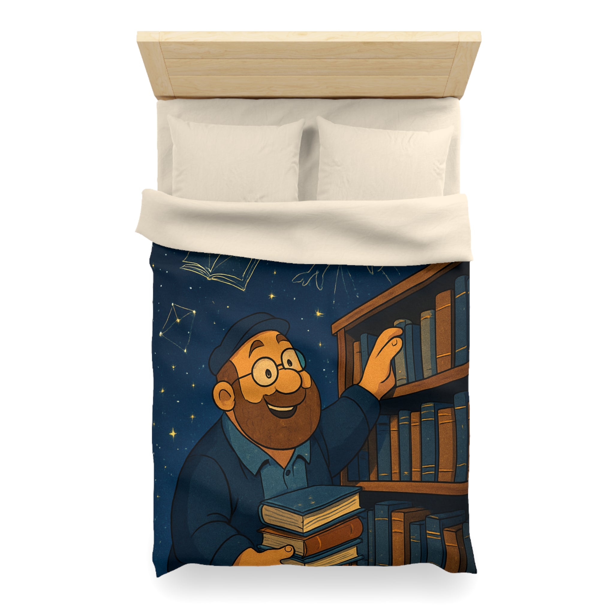 Housse de couette magique avec bibliothécaire sous ciel étoilé et livres animés