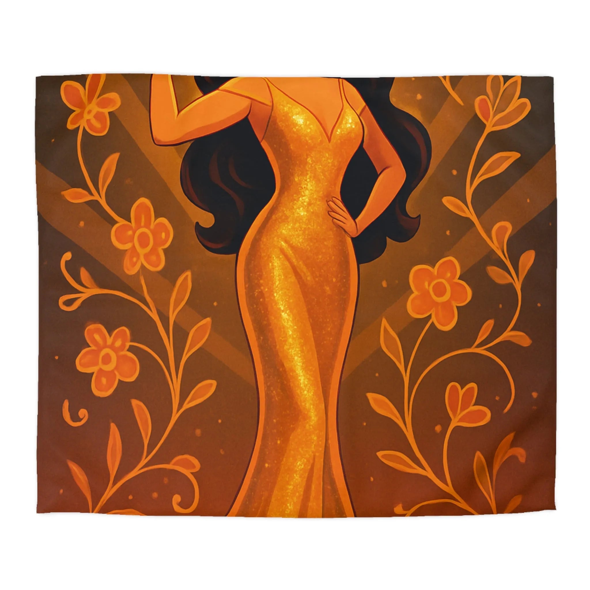 Élégante illustration de femme en robe dorée longue avec fleurs et effets lumineux