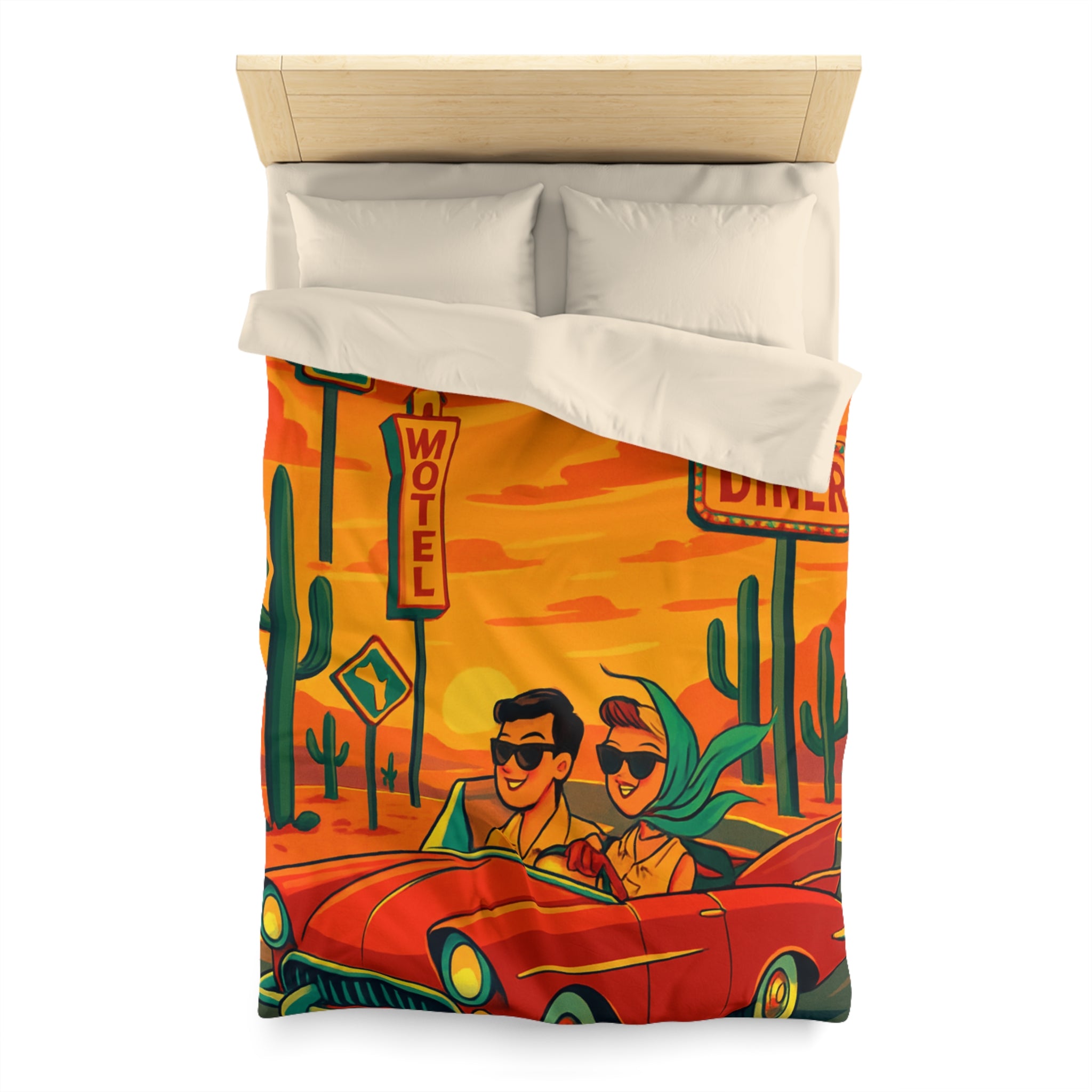 Housse de couette vintage rétro avec voiture rouge et paysages désertiques colorés