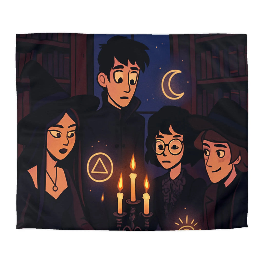 Housse de couette magique avec jeunes sorciers, symboles mystérieux et ambiance nocturne enchantée