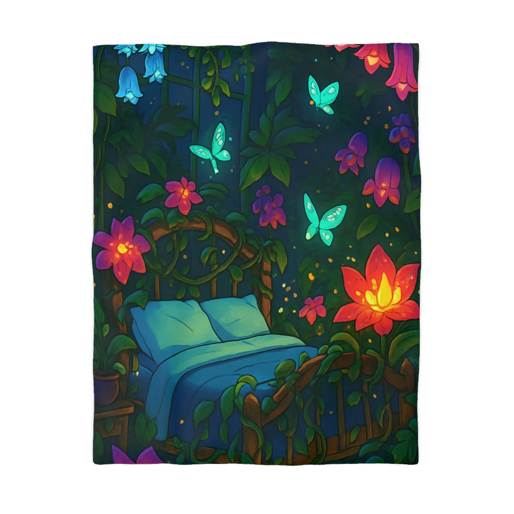 Housse de couette magique avec motifs de fleurs lumineuses et papillons dans la nuit