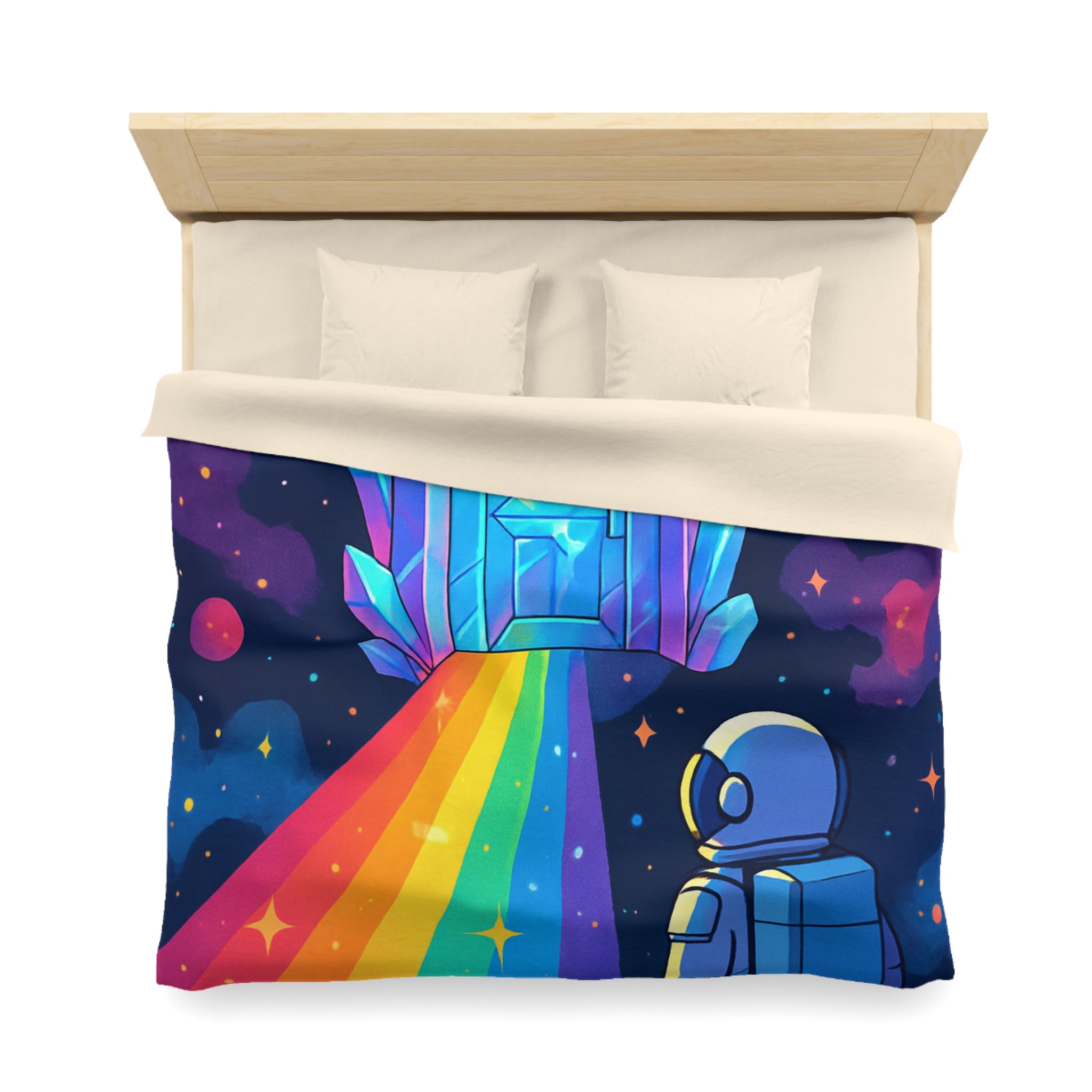 Housse de couette rêve cosmique : astronaute, porte de cristal et univers coloré