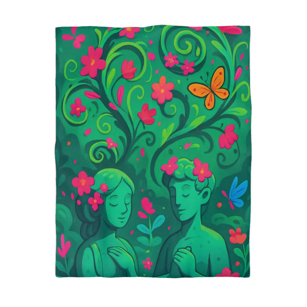 Housse de couette artistique avec illustration florale et papillons colorés en harmonie