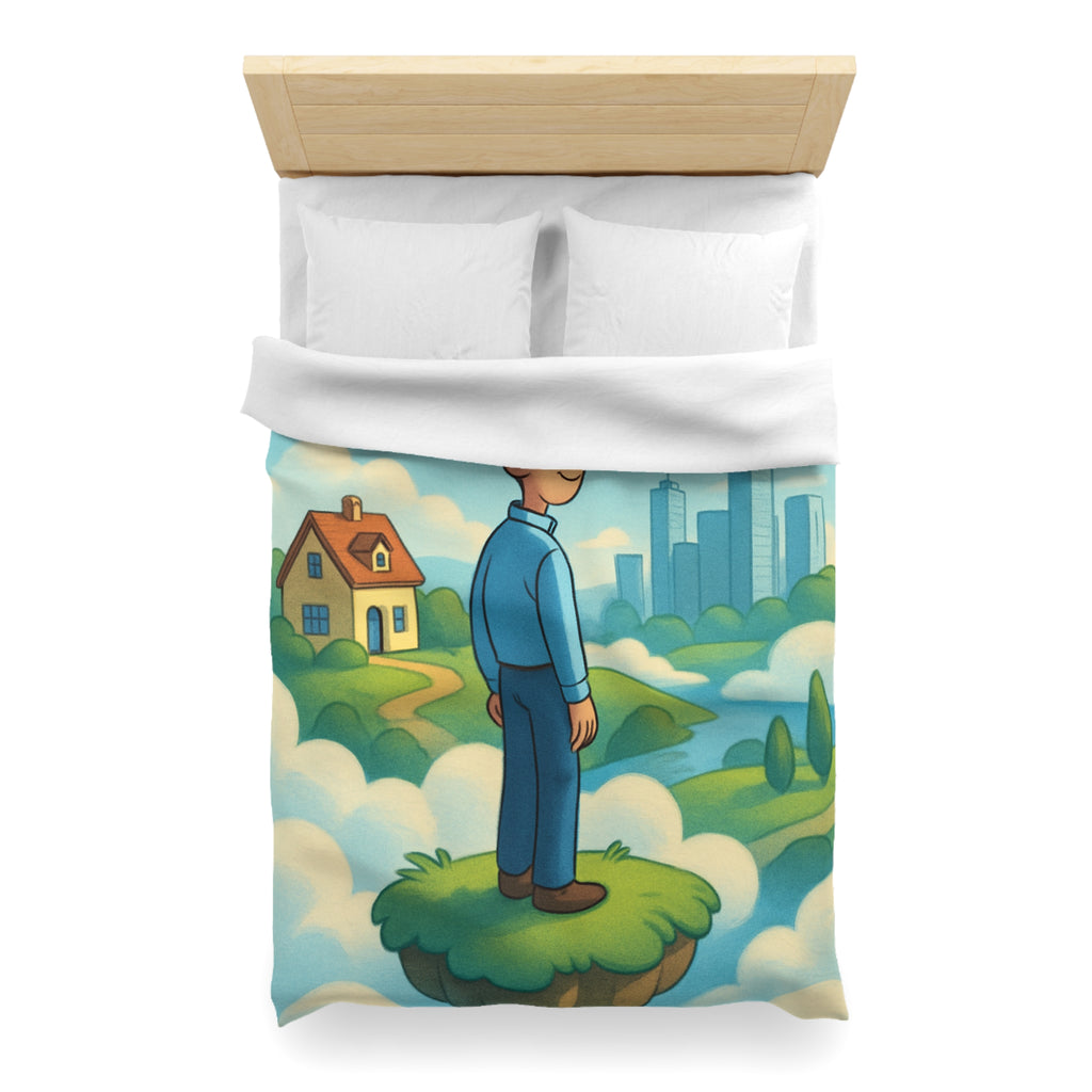 Illustration de rêve serein de paysage flottant avec personnage et ville éloignée