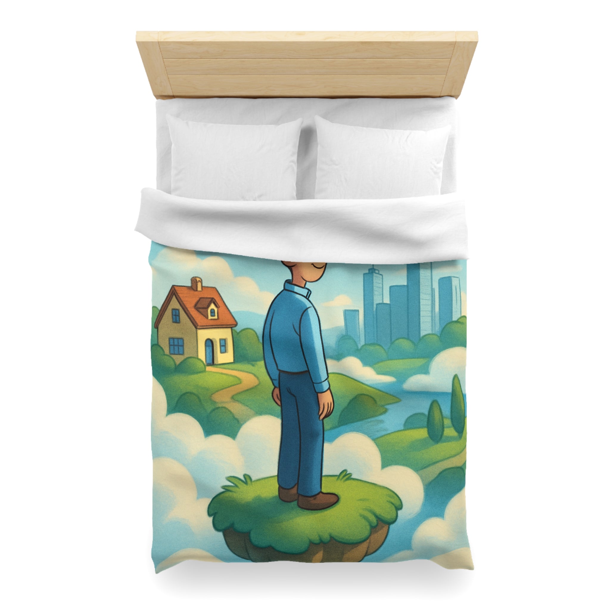 Illustration de rêve serein de paysage flottant avec personnage et ville éloignée