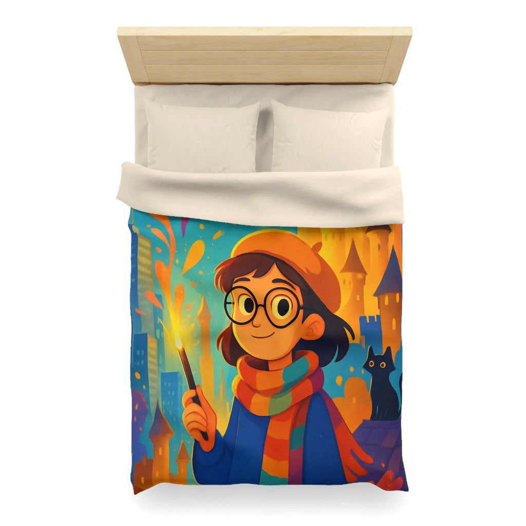 Housse de Couette Éclatante: Jeune Magicienne aux Couleurs Vives et Château Mystérieux