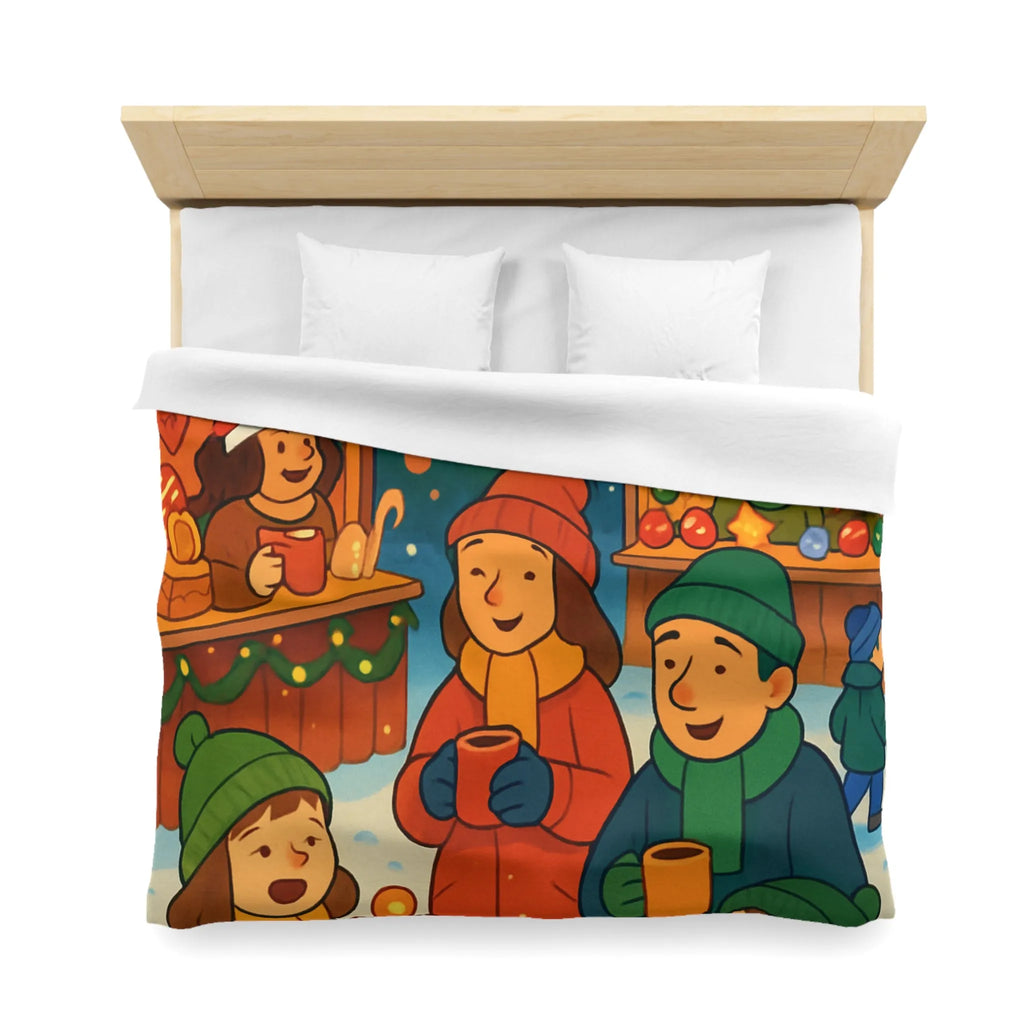 Housse de couette chaleureuse illustrant une scène festive de marché de Noël joyeux