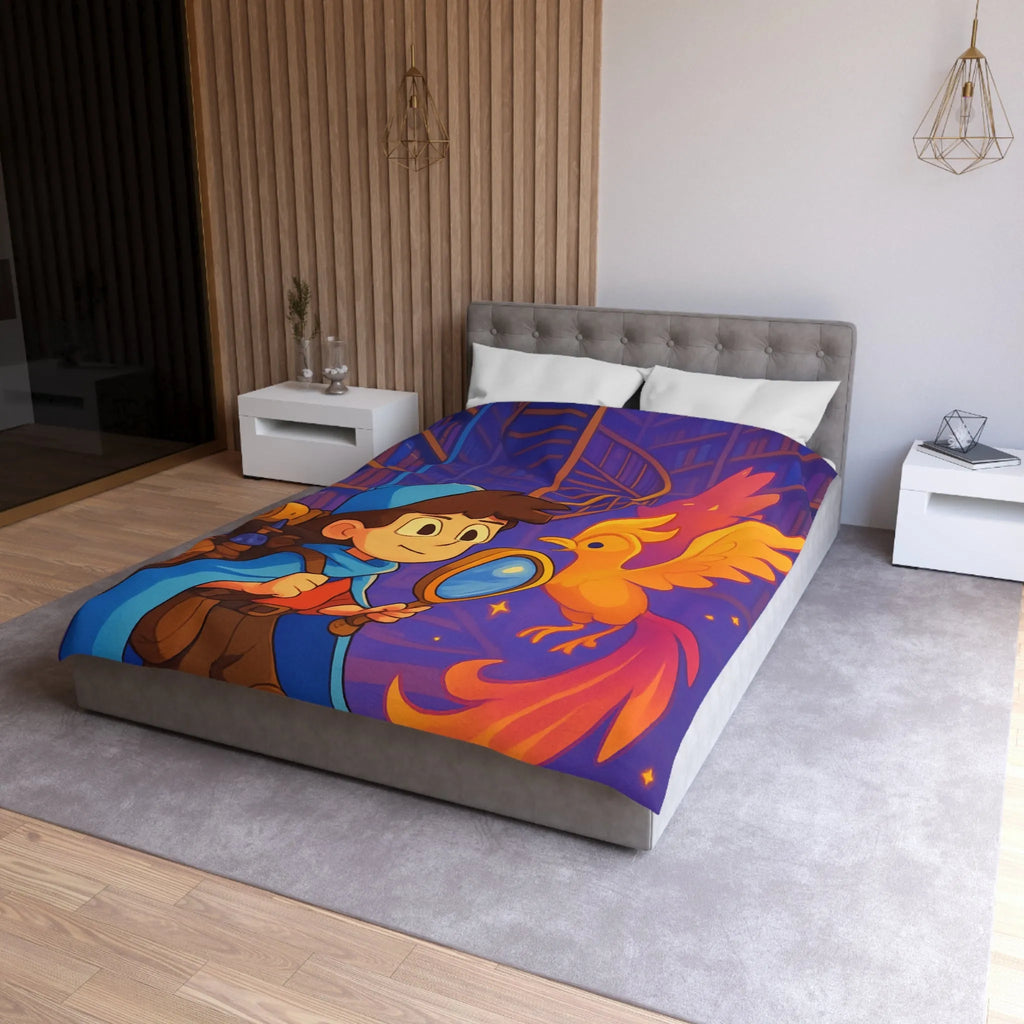 Housse de couette magique avec détective et phénix dans une bibliothèque enchanteresse
