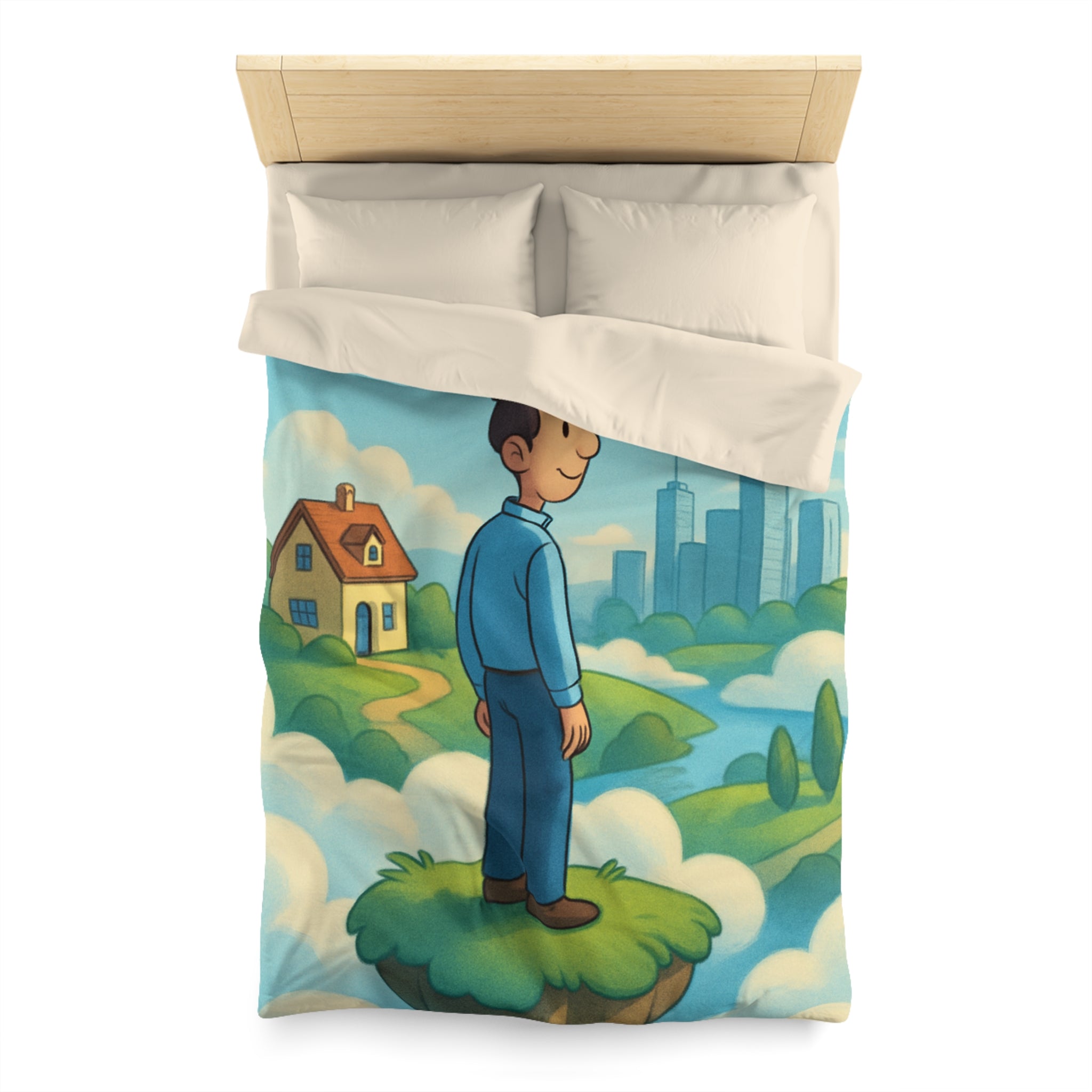 Illustration de rêve serein de paysage flottant avec personnage et ville éloignée