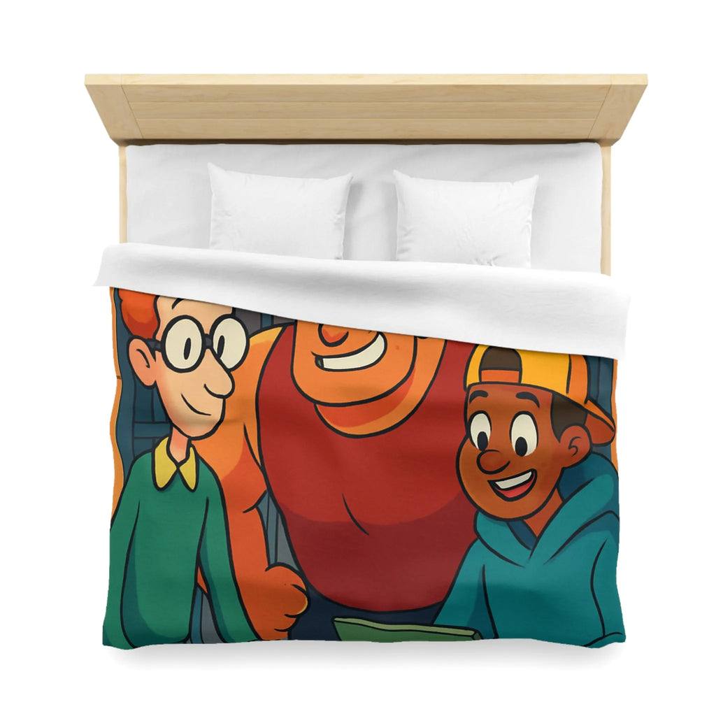 Housse de couette colorée avec plan et personnages animés souriants en arrière-plan