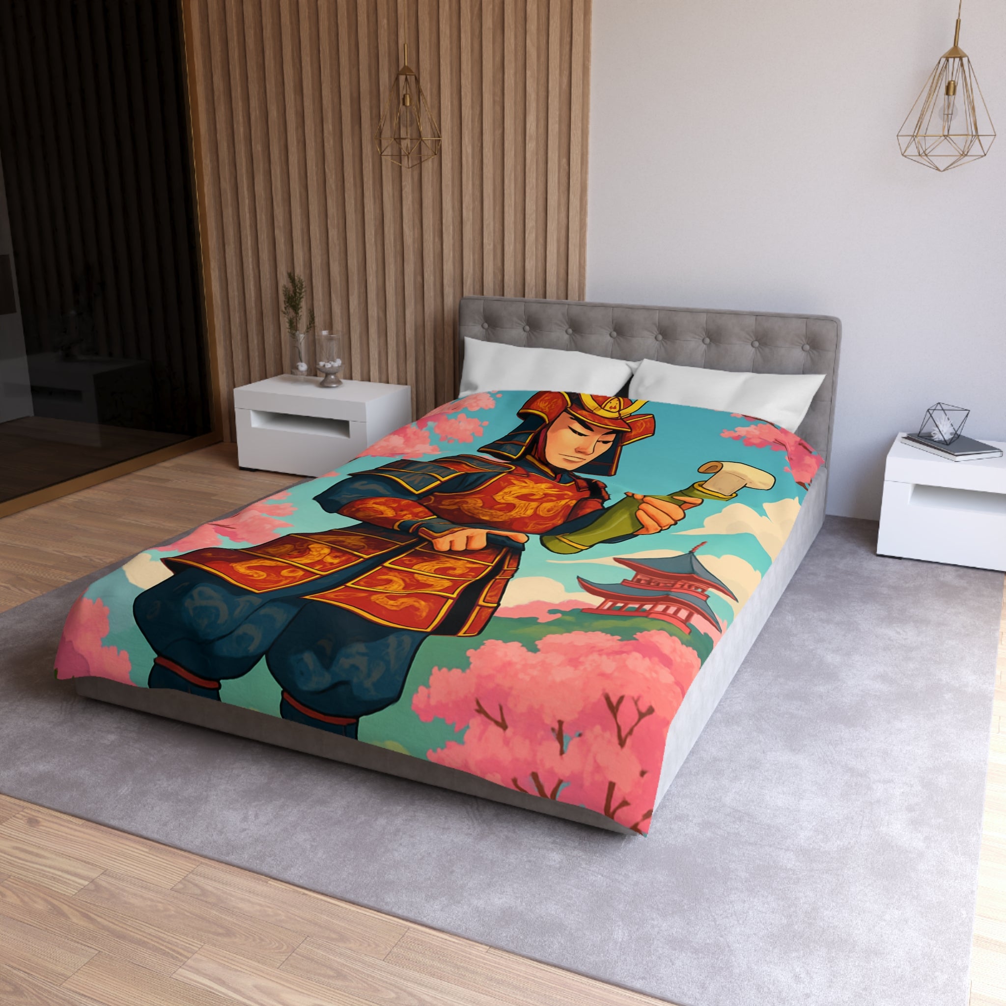 Housse de Couette Samouraï Japonais avec Armure Traditionnelle et Cerisiers en Fleurs