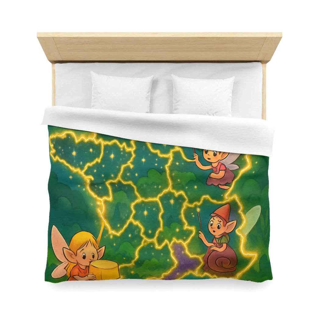 Housse de couette illustrée avec fées et lutins en carte de France enchantée
