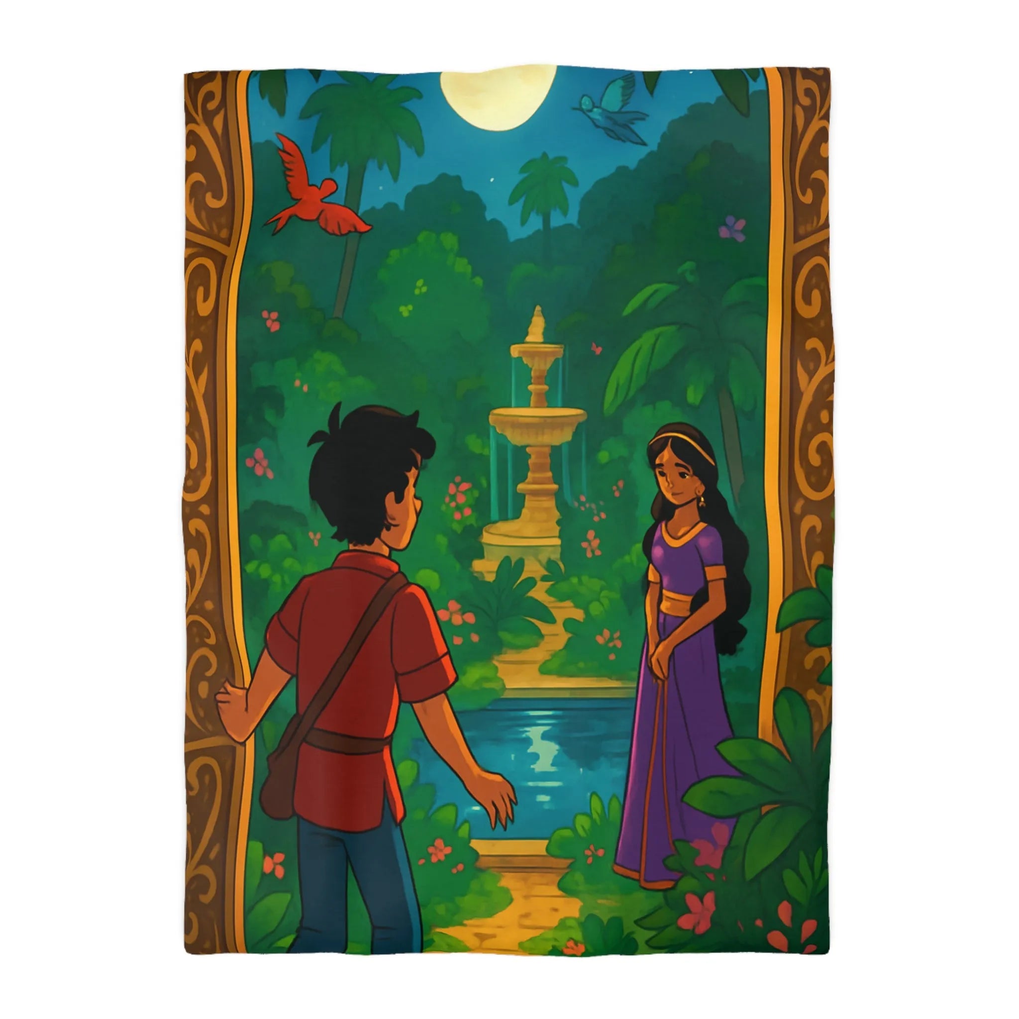 Housse De Couette Enchantée Illustrant Jardin Nocturne Avec Fontaine Et Clair De Lune