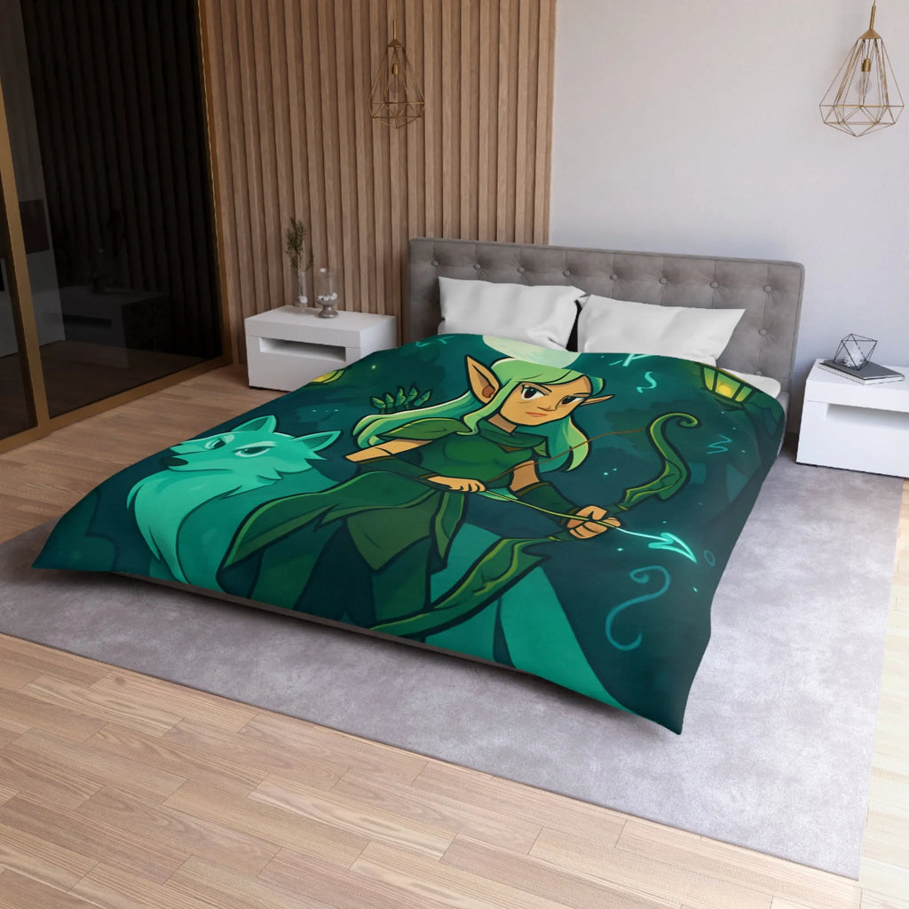 Housse de couette elfe archère et loup sous lune magique dans forêt mystérieuse