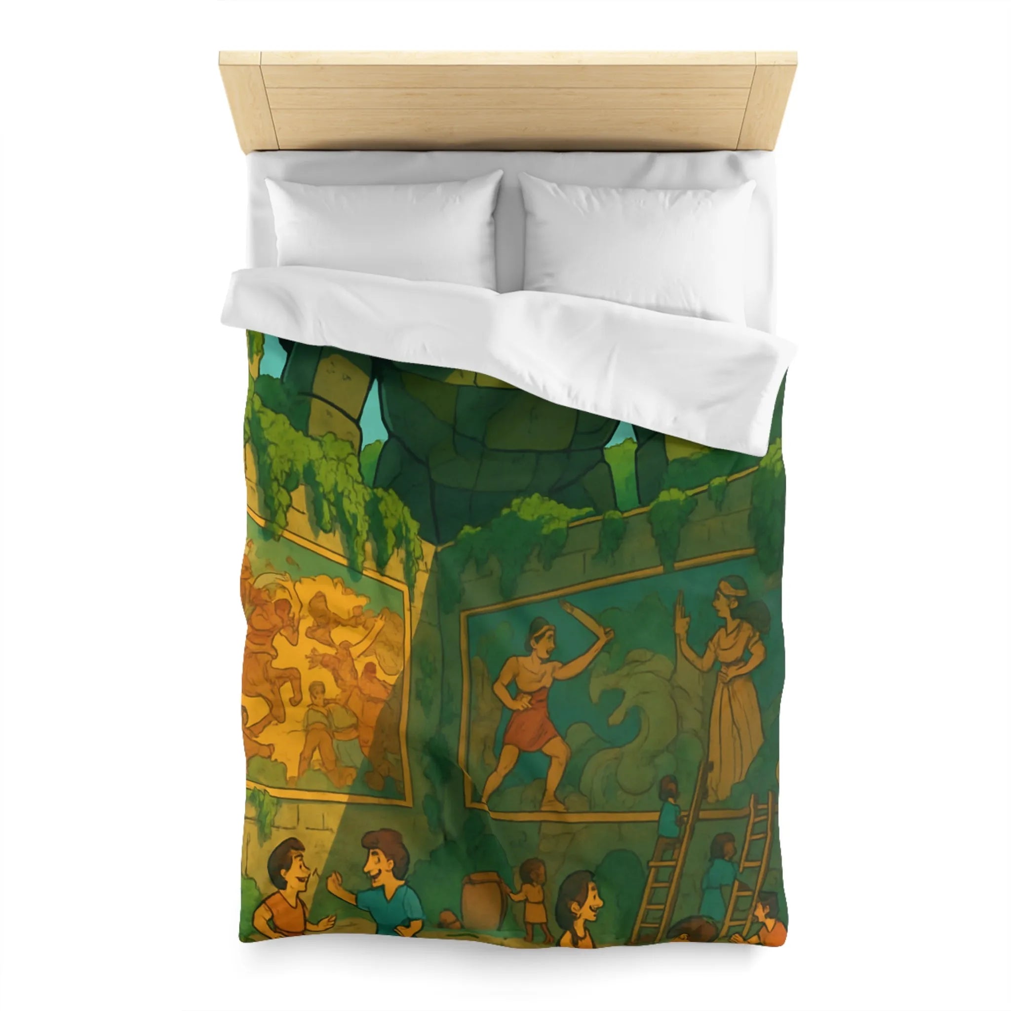 Enchantante parure de lit jardin fantastique avec golem géant et enfants joueurs colorés