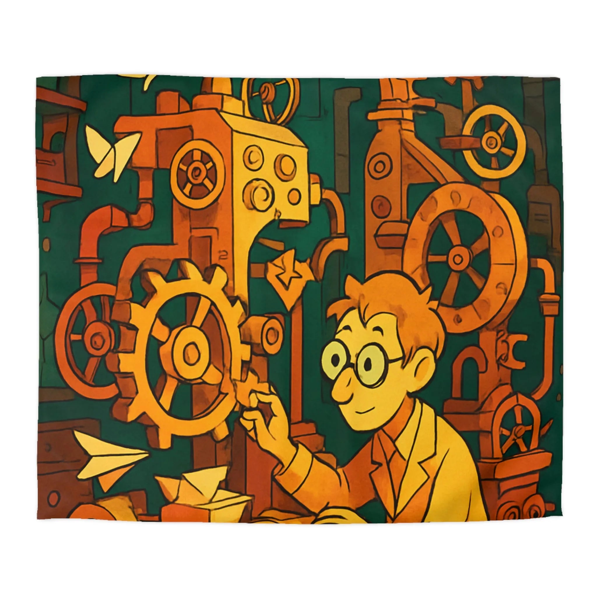 Housse de couette machine steampunk colorée avec papillons et ingénieur rêveur illustration automne