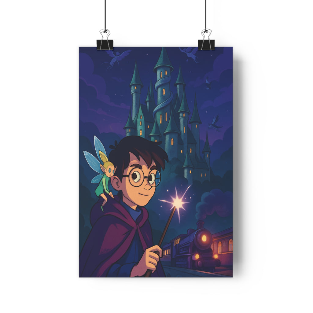 Poster décoratif mystique bleu violet garçon enchanté magique fée château étoiles enfant chambre rêveur