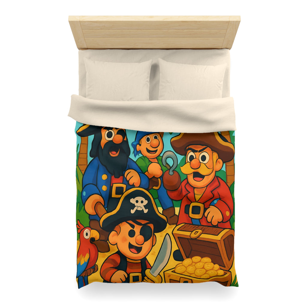 Housse de couette pirate colorée avec trésors, perroquets et personnages joyeux animés