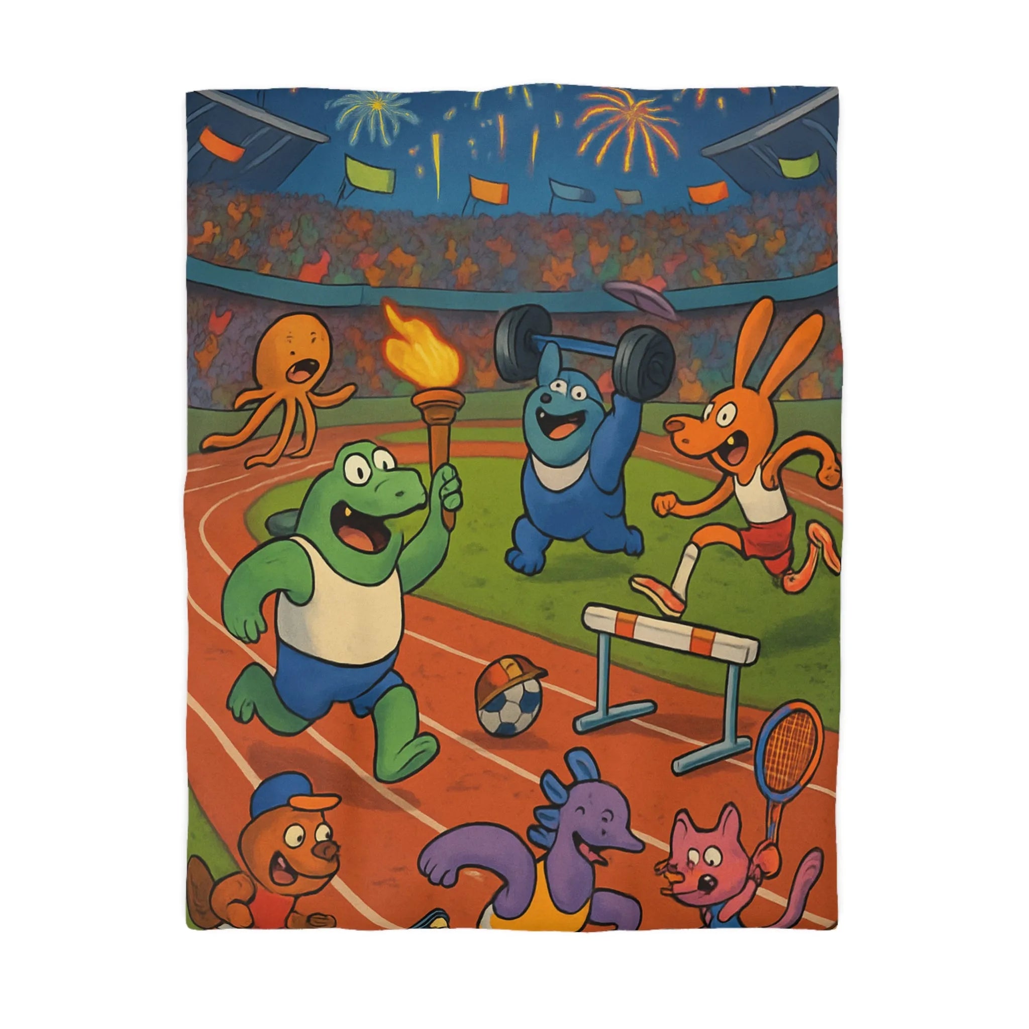 Housse de couette colorée avec animaux sportifs célébrant sous feux d'artifice nocturnes