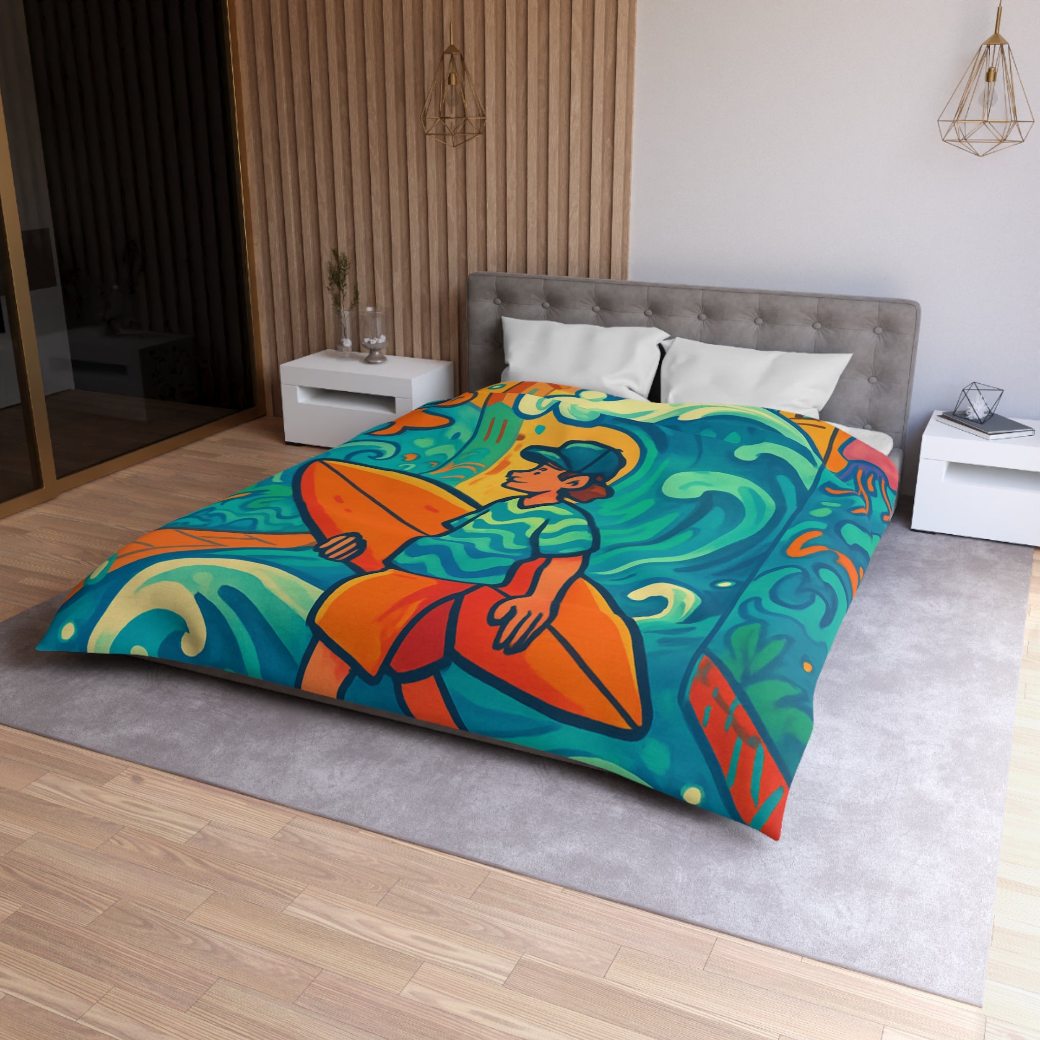 Housse de Couette Vibrante pour Surfeurs Mélangeant Art Surréaliste et Exploration Urbaine