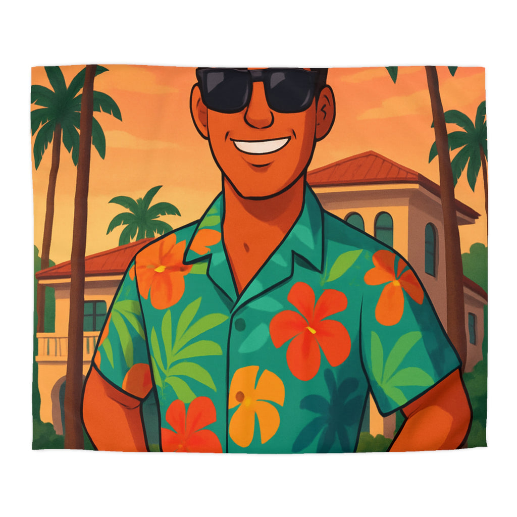 Housse de couette tropicale avec personnage souriant en chemise hawaïenne et palmiers