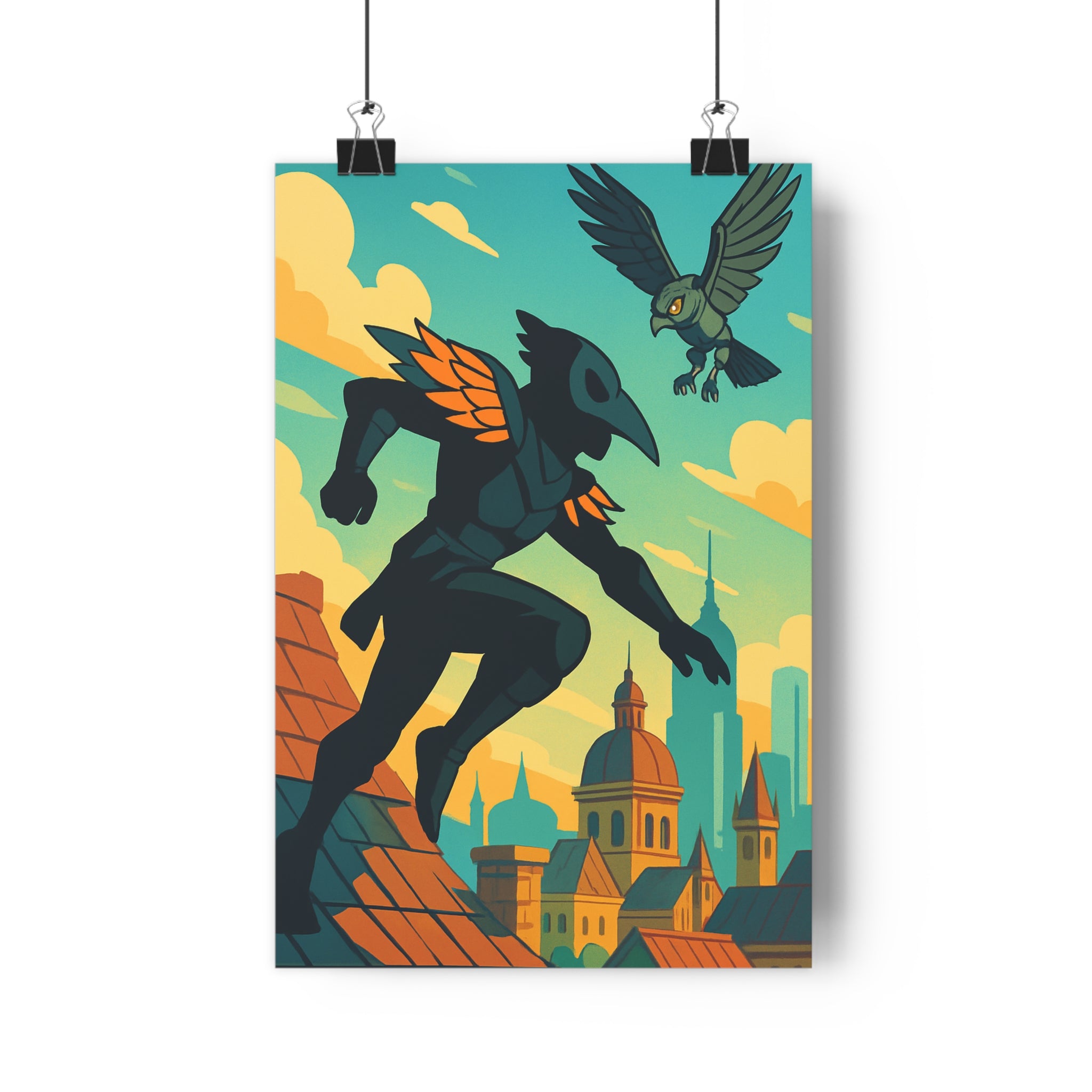 Poster décoratif aventure silhouette masquée ailes stylisées bleu ciel gris brun cartoon dynamique qualité