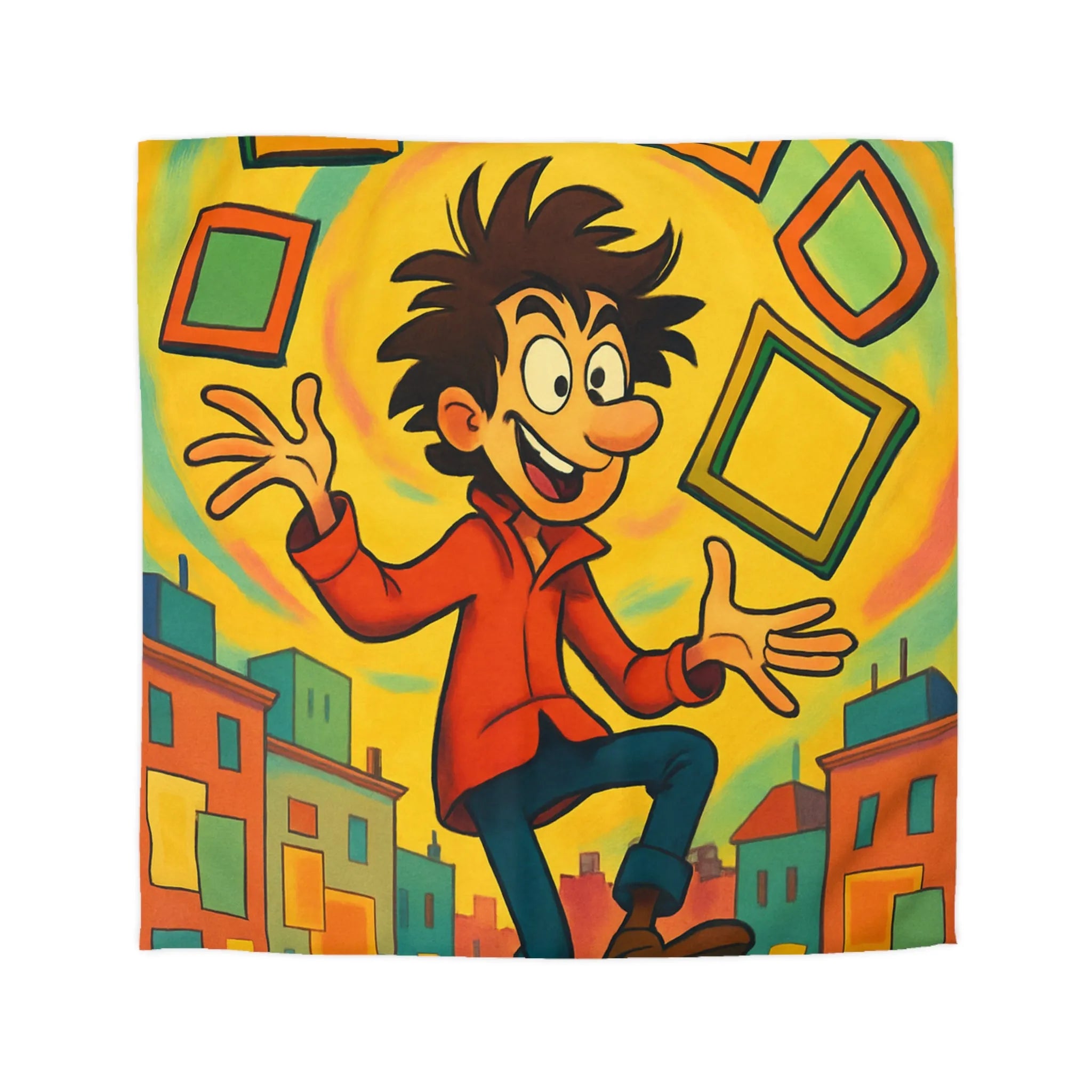 Housse de Couette Dynamique avec Illustration d'Énergie Vibrante et Cadres Géométriques Colorés