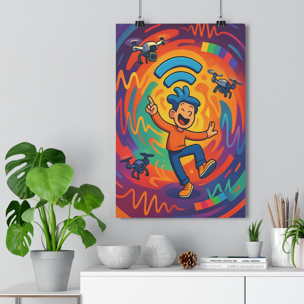 Poster décoratif moderne dynamique violet orange vert bureau joyeux technologie personnage cheveux drones ambiance