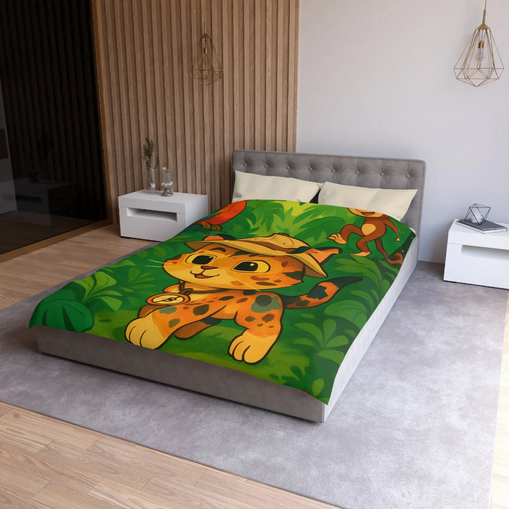 Housse de couette avec chat explorateur, jungle colorée, perroquet et singe joyeux