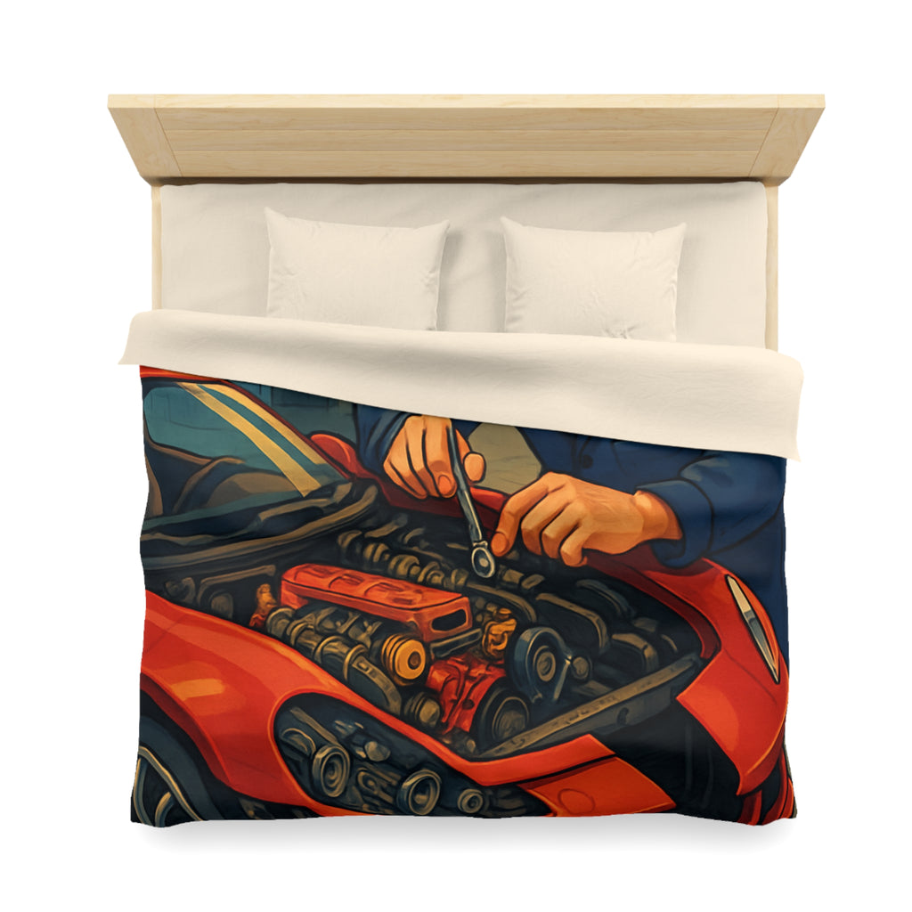 Housse de couette voiture rouge et mécanicien dans garage rétro pour chambre unique