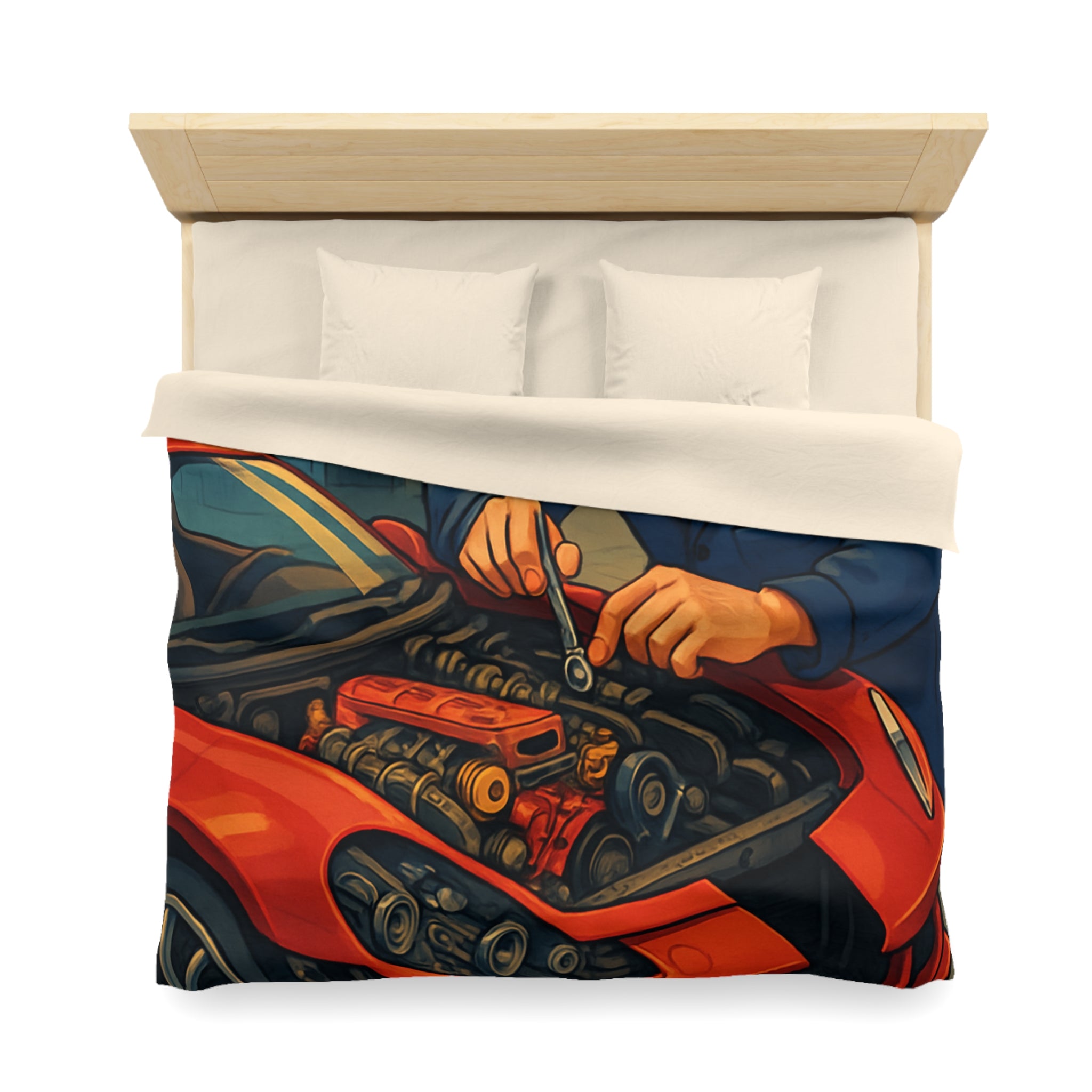 Housse de couette voiture rouge et mécanicien dans garage rétro pour chambre unique