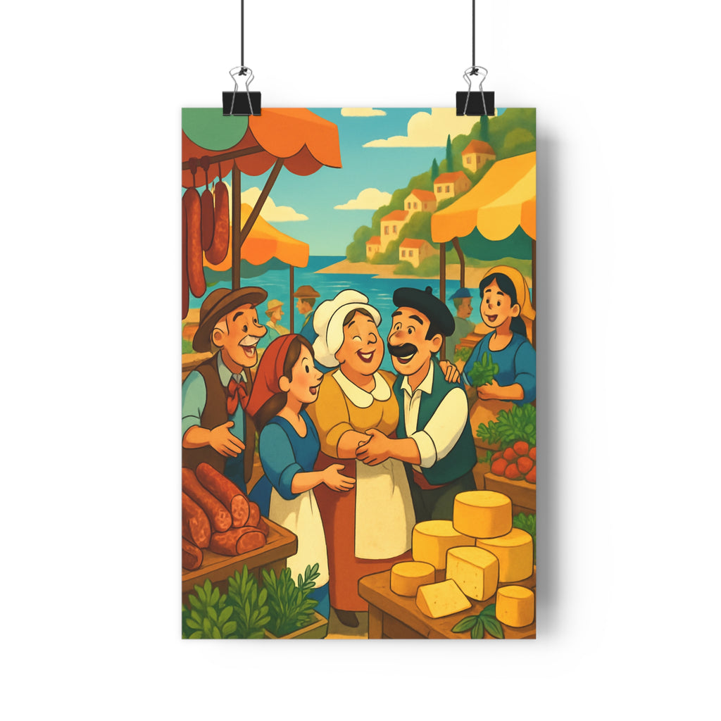 Poster décoratif cartoon coloré joyeux cuisine salle manger corse marché personnage paysage convivialité qualité