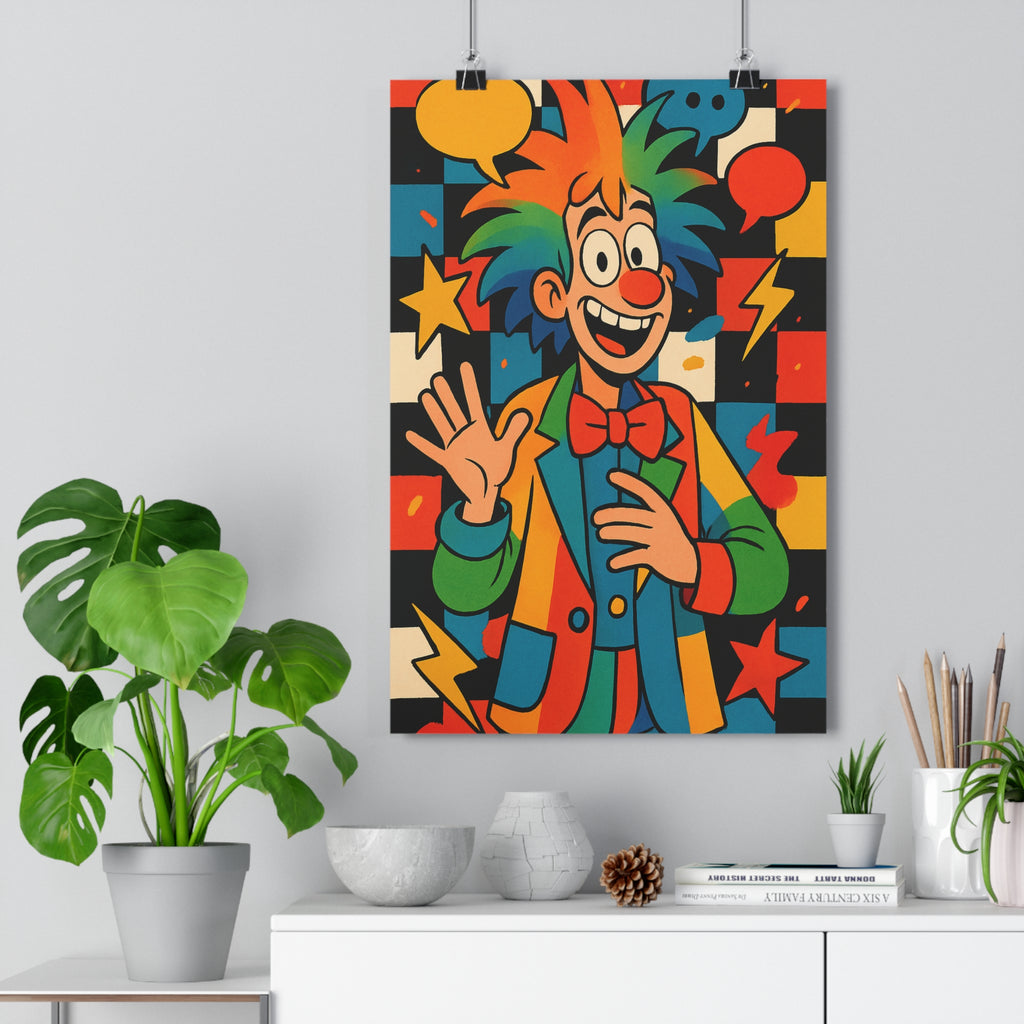 Poster décoratif pop art clown multicolore rouge bleu jaune vert joyeux salon chambre enfant