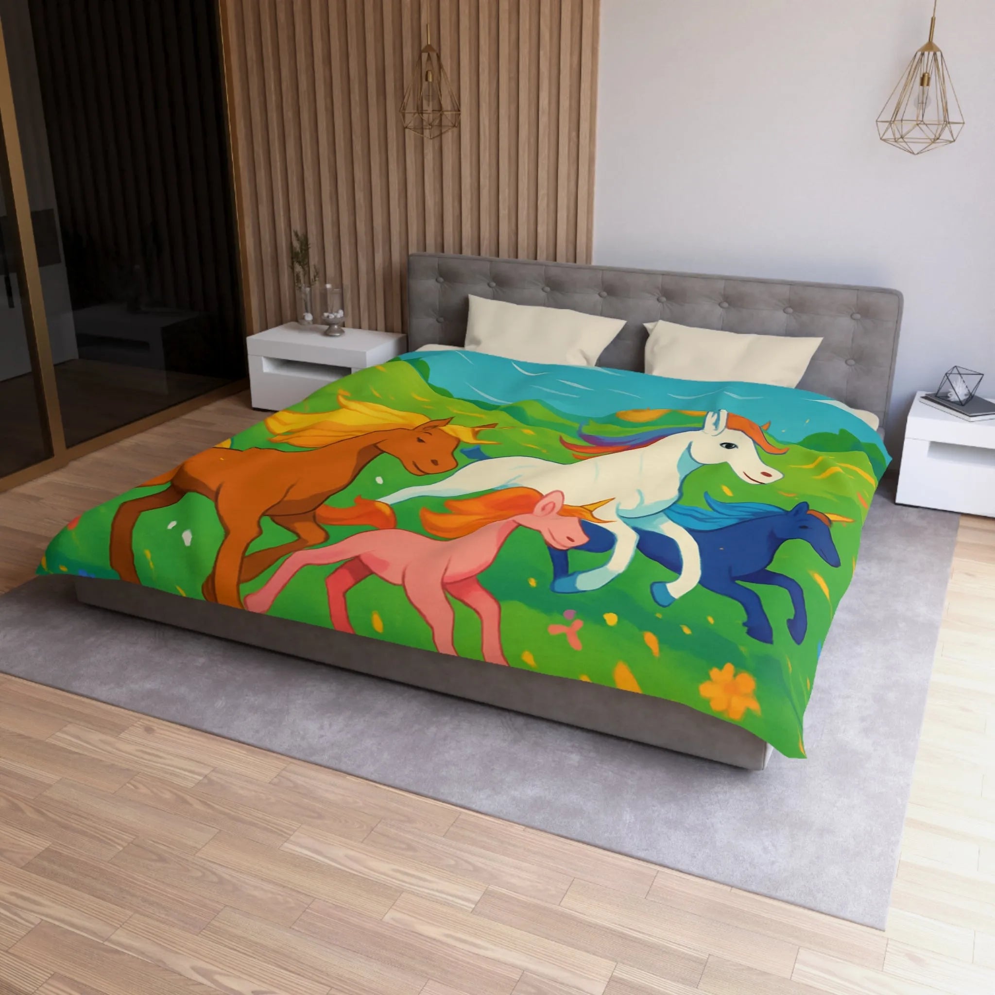 Housse de couette colorée avec prairies luxuriantes et chevaux arc-en-ciel en galop