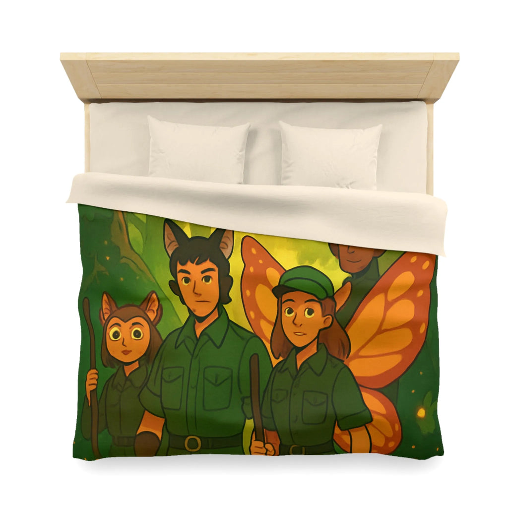 Housse de couette féerique avec gardiens de forêt, animaux magiques, ambiance verte et lumineuse