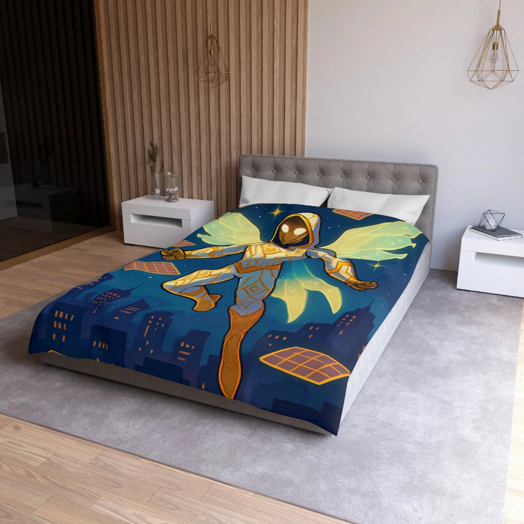 Housse de couette avec héros ailé lumineux sur ciel étoilé et ville futuriste