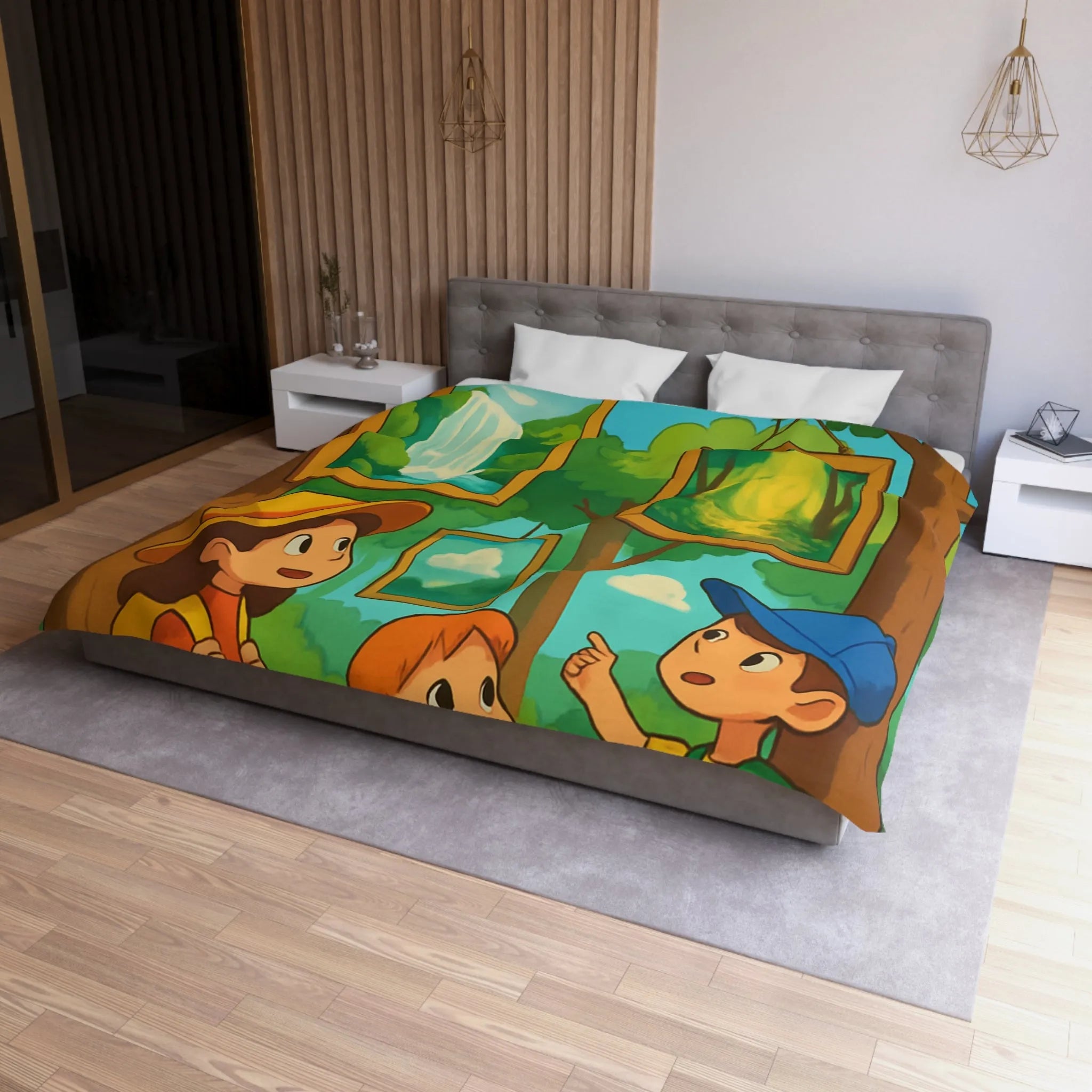 Housse de couette enfantine avec scène de forêt, cascades et exploration nature féérique