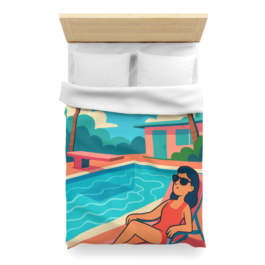 Vibrante housse de couette avec illustration de piscine et palmiers ambiance tropicale