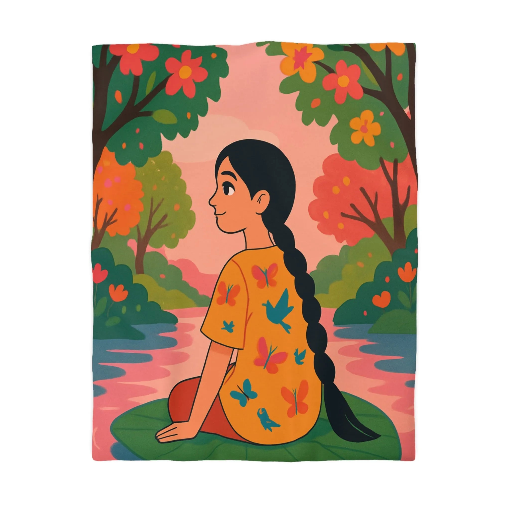 Housse de couette colorée avec paysage serein et silhouette poétique pour décoration chambre