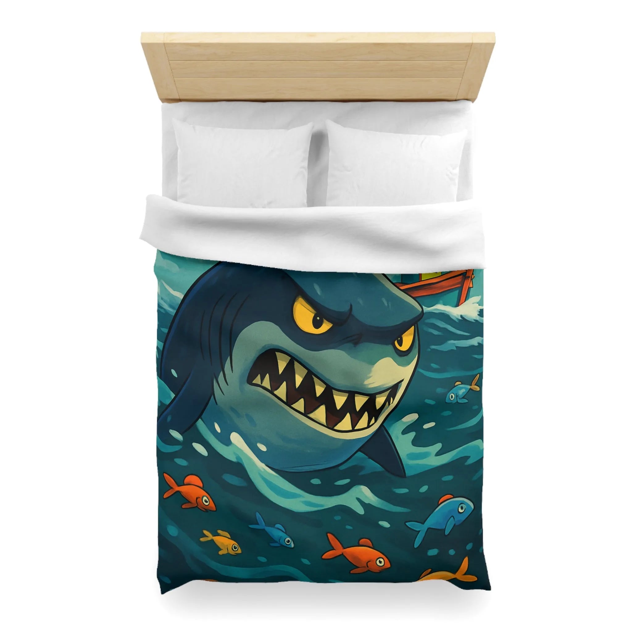 Housse de couette avec requin cartoon effrayant et poissons colorés en mer orageuse