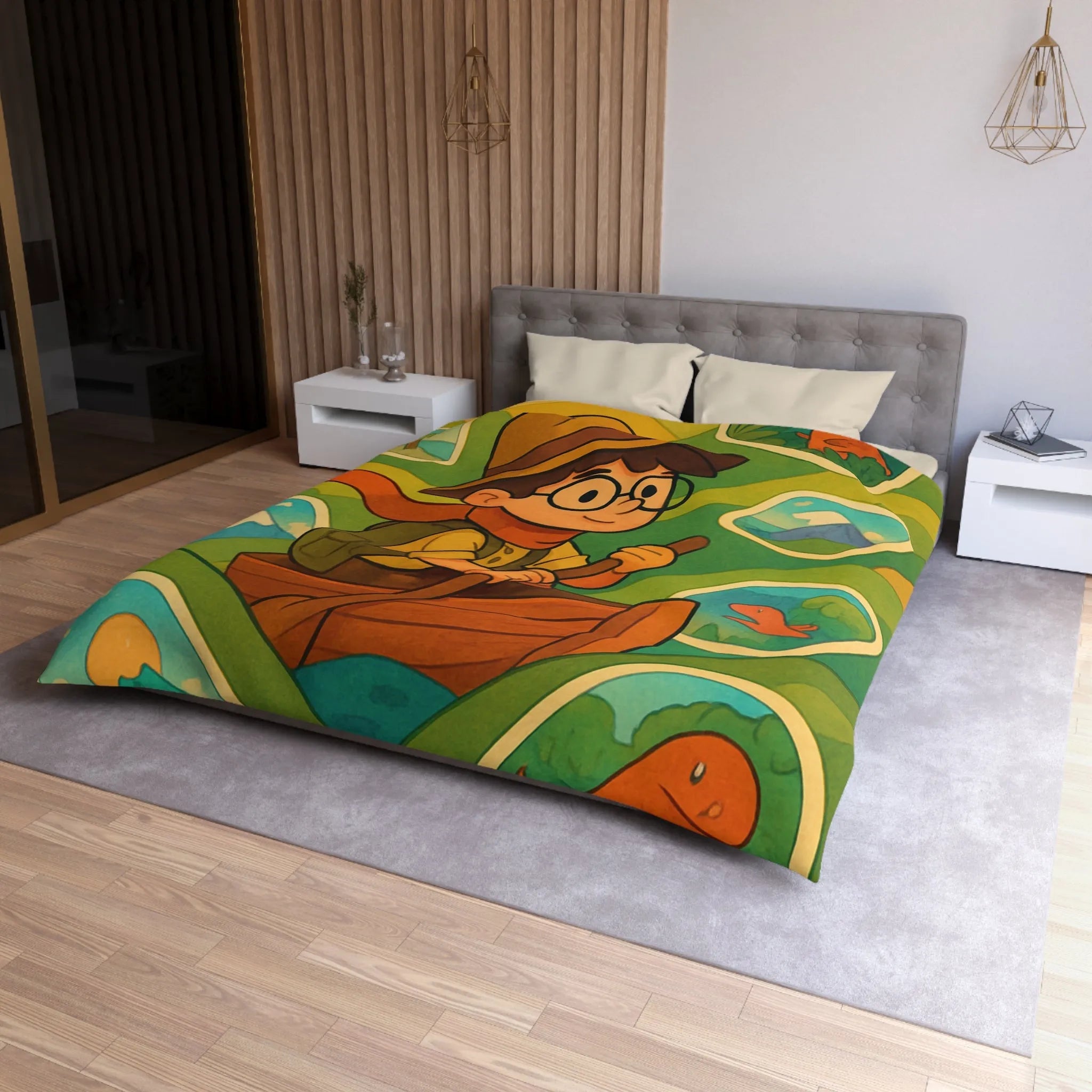 Housse de couette enfant aventure renversante explorateur en bateau et créatures mystiques