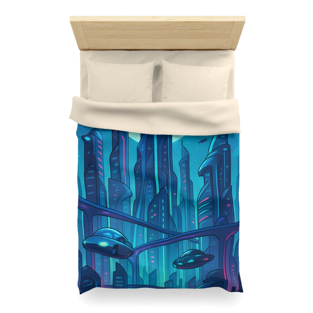 Housse de couette futuriste avec ville néon et vaisseaux spatiaux sous pleine lune
