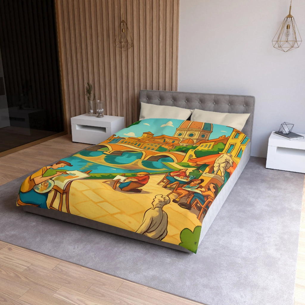 Housse de couette inspirée de ville artistique avec pont et cathédrale colorée