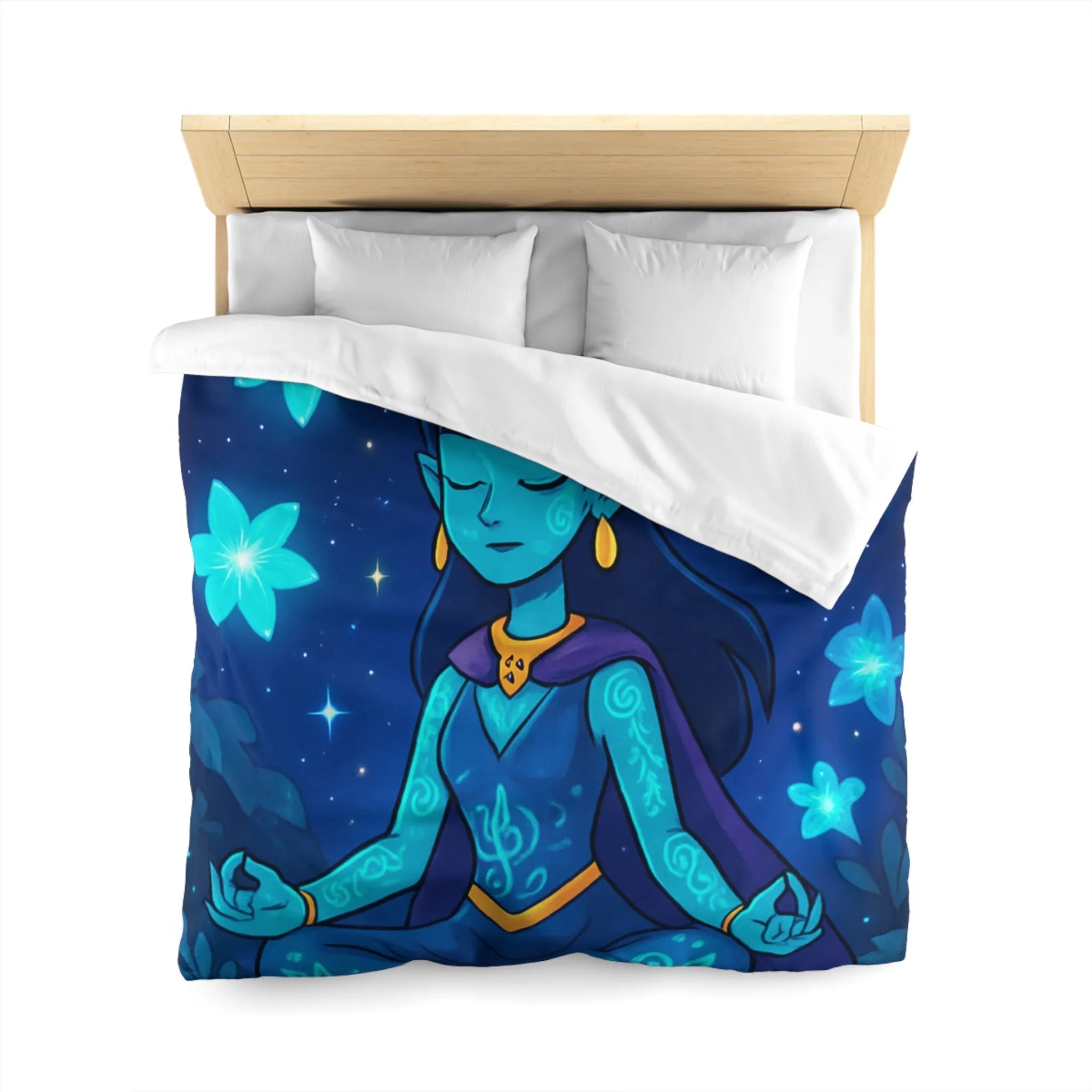 Housse de Couette Élégante avec Déesse Méditative et Étoiles, Ambiance Nocturne Mystique