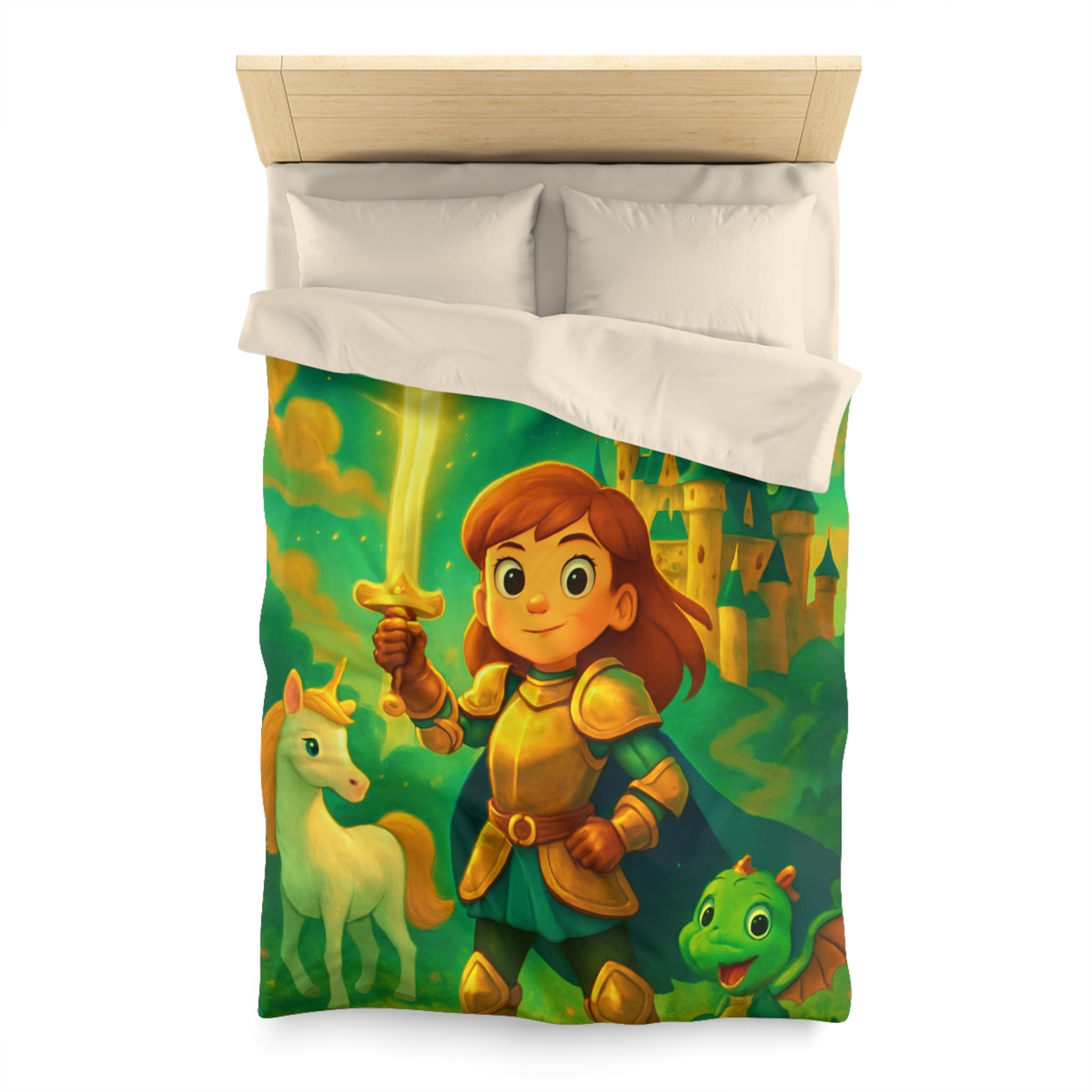 Housse de couette pour enfants avec chevalier, château et animaux fantastiques