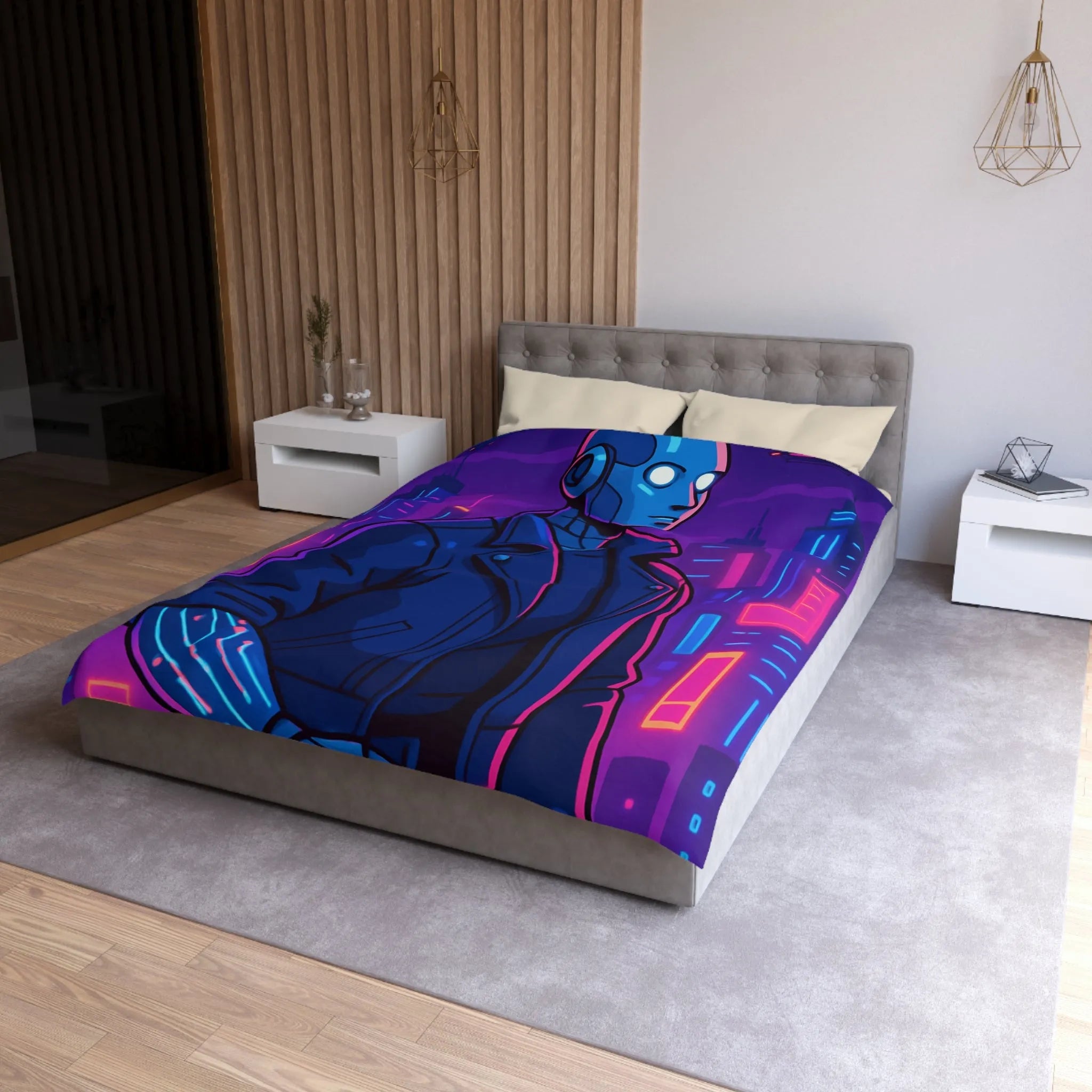 Housse de couette bleu nuit motif rétro-futuriste avec robot et gratte-ciel néon